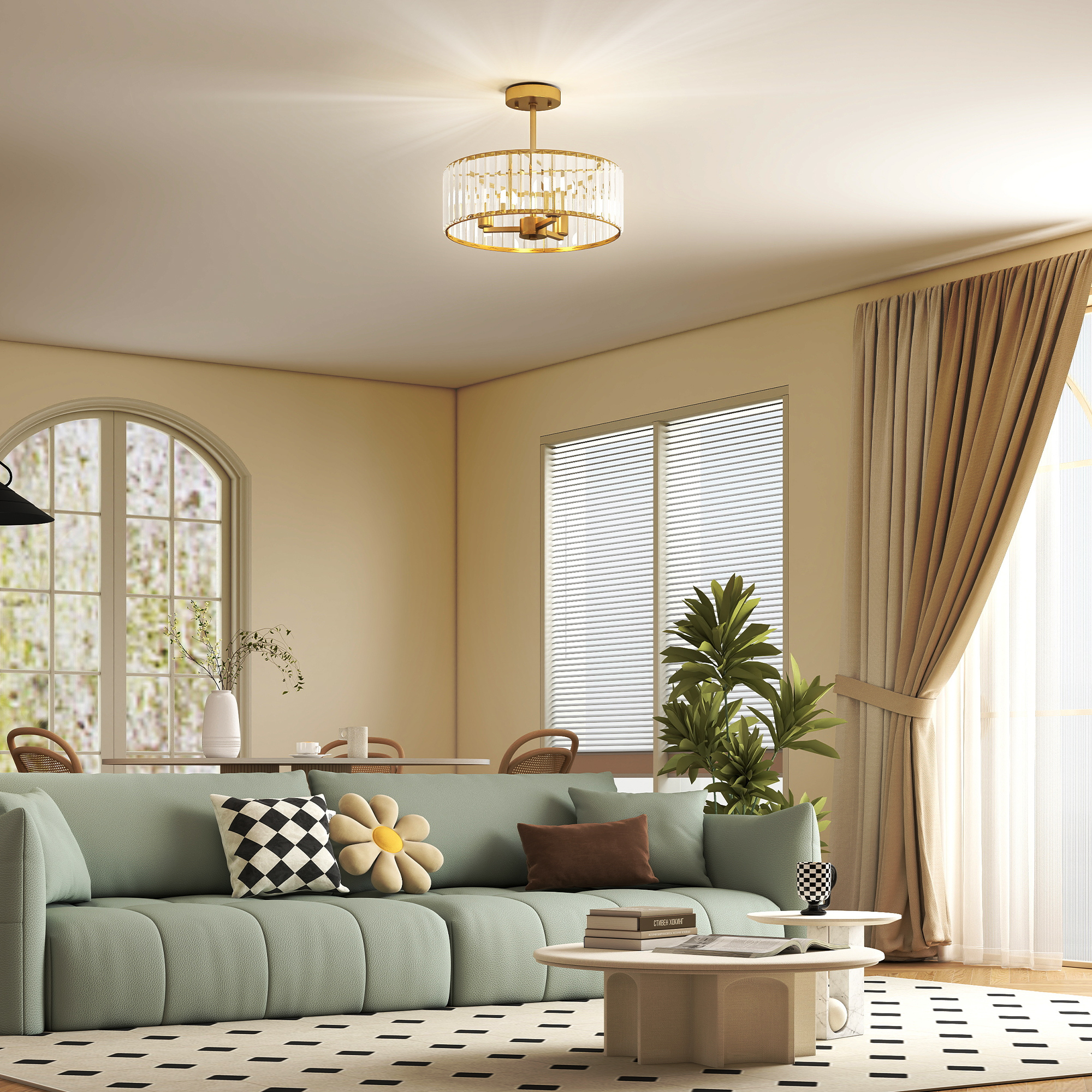 HOMCOM Deckenlampe, Kronleuchter-Design, Kristallschirm, 3 Glühbirnen, Metall, Goldfarben