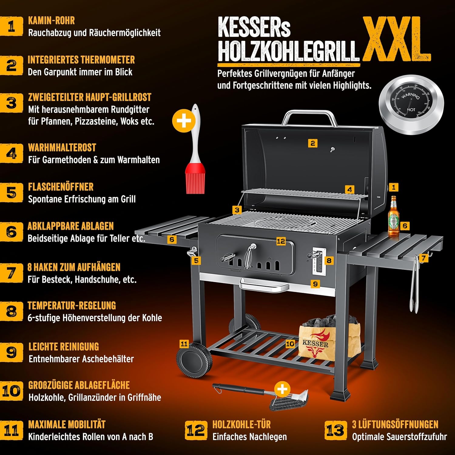 KESSER® Holzkohlegrill XXL Grillwagen Set mit Deckel & Thermometer – großer BBQ Kohlegrill Wagen, Smoker Grill mit Kamin & Lüftung, mit Grillrost, Warmhalterost & Ablage inkl. Haube, Bürste & Pinsel