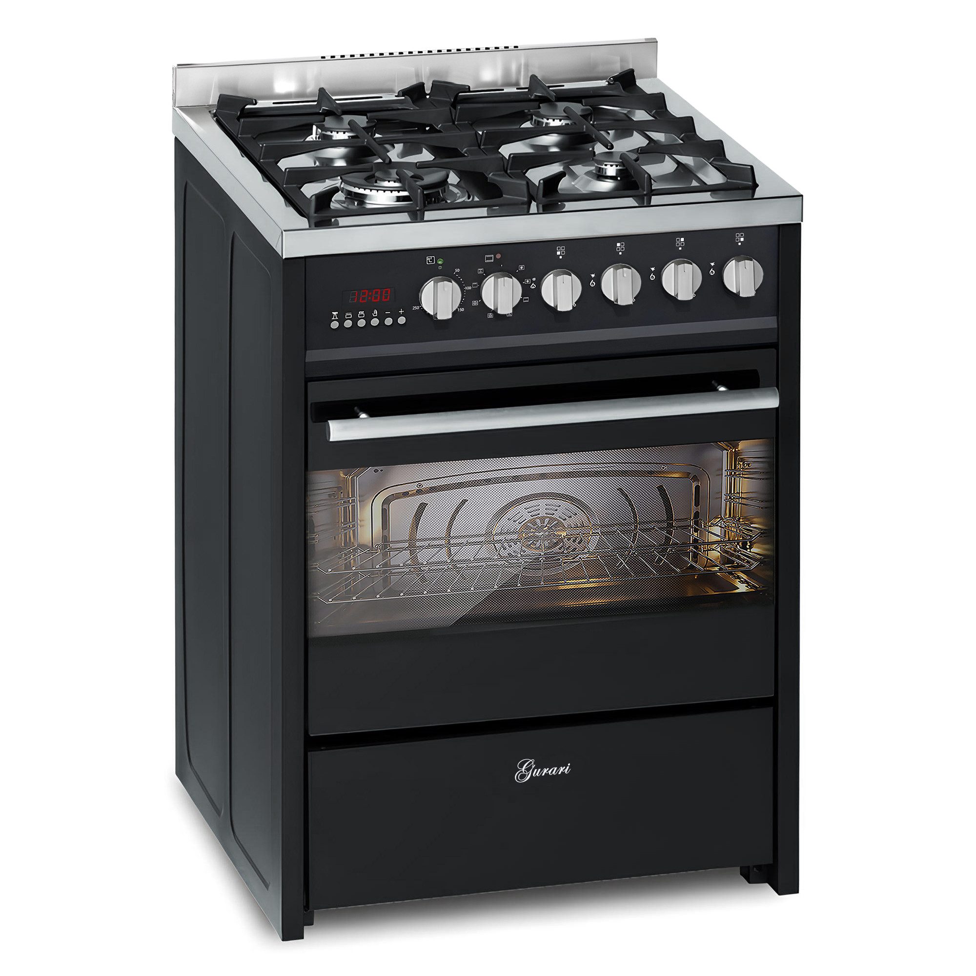 Gas-Standherd 60 cm Schwarze Gasherd mit Elektrobackofen 60 L Range Coocker GCH E 610 Gas-Elektro-Standherd, Erdgas/Propangas, 4 Kw, WOK