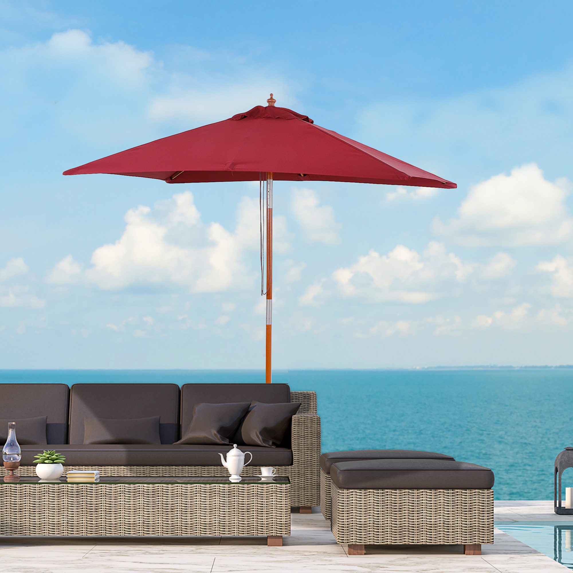 Outsunny Sonnenschirm 200 x 150 x 235 cm Knickbarer Gartenschirm 3-stufig einstellbar rechteckig Strandschirm wasserabweisend und UV-beständig für Strand Balkon Terrasse Garten Weinrot