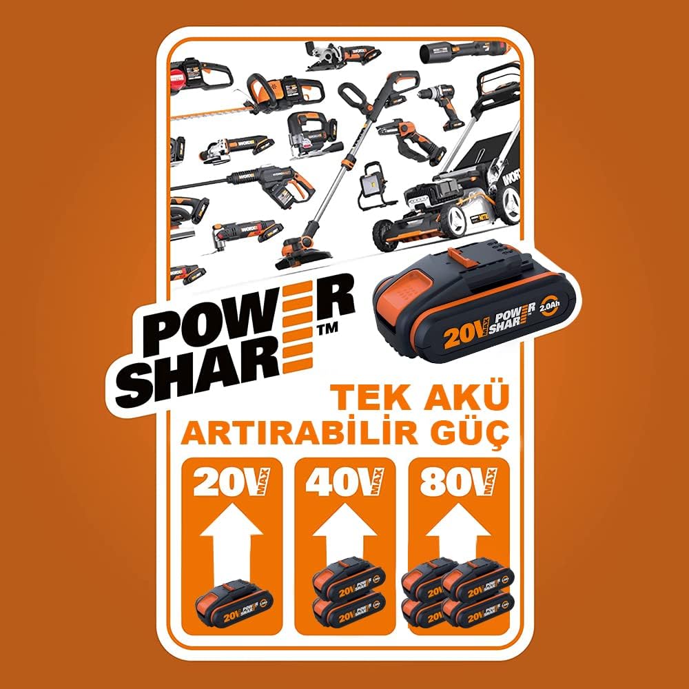 WORX WG252E.9 Akku Teleskop Heckenschere - 45cm Schnittbreite - 10-Fach Verstellbarer Teleskopstiel bis 3,20 Meter Hhe - PowerShare kompatibel - Ohne Akku & Ladegert