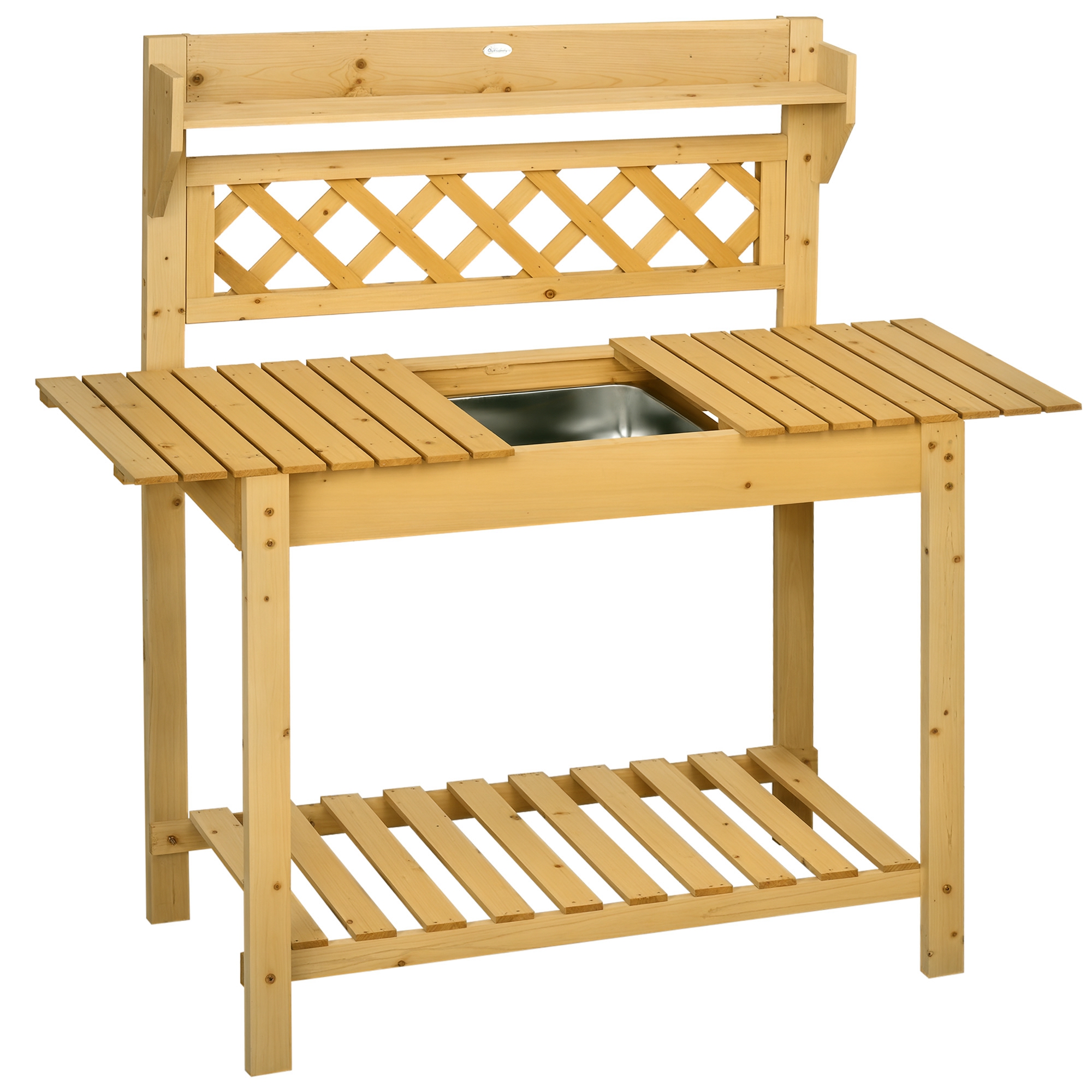 Outsunny Garten-Arbeitstisch, integriertes Edelstahl-Spülbecken, 2 Ablagen, Massivholz, braun, 92 x 45 x 120 cm