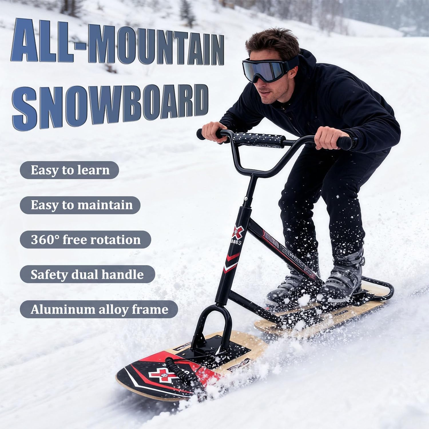 Schneeschlitten Für Erwachsene, All-Terrain-Snowboards, Doppelboard-Design, Mit 360° Drehbarem Hinterski, Dreifach Verstärkt, 150 Kg Tragfähigkeit, Für Snowparks Black