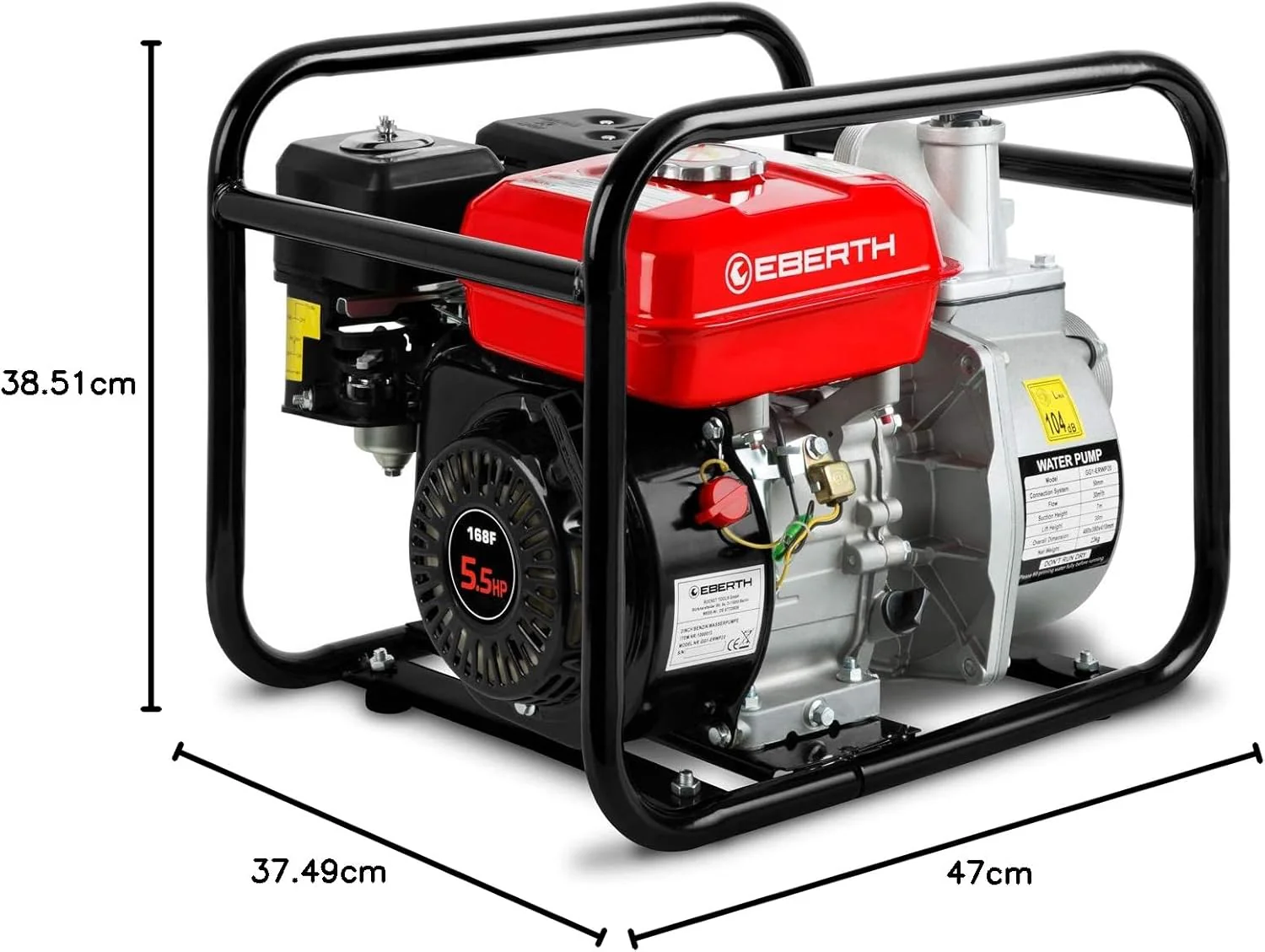 EBERTH 5,5 PK waterpomp met 30.000 l/u en 30 m opvoerhoogte, 2 inch aansluiting, tuin-/vuilwaterpomp met 4-taktmotor en 7 m aanzuighoogte, benzinepomp, trekstarter, metalen voet, handvat