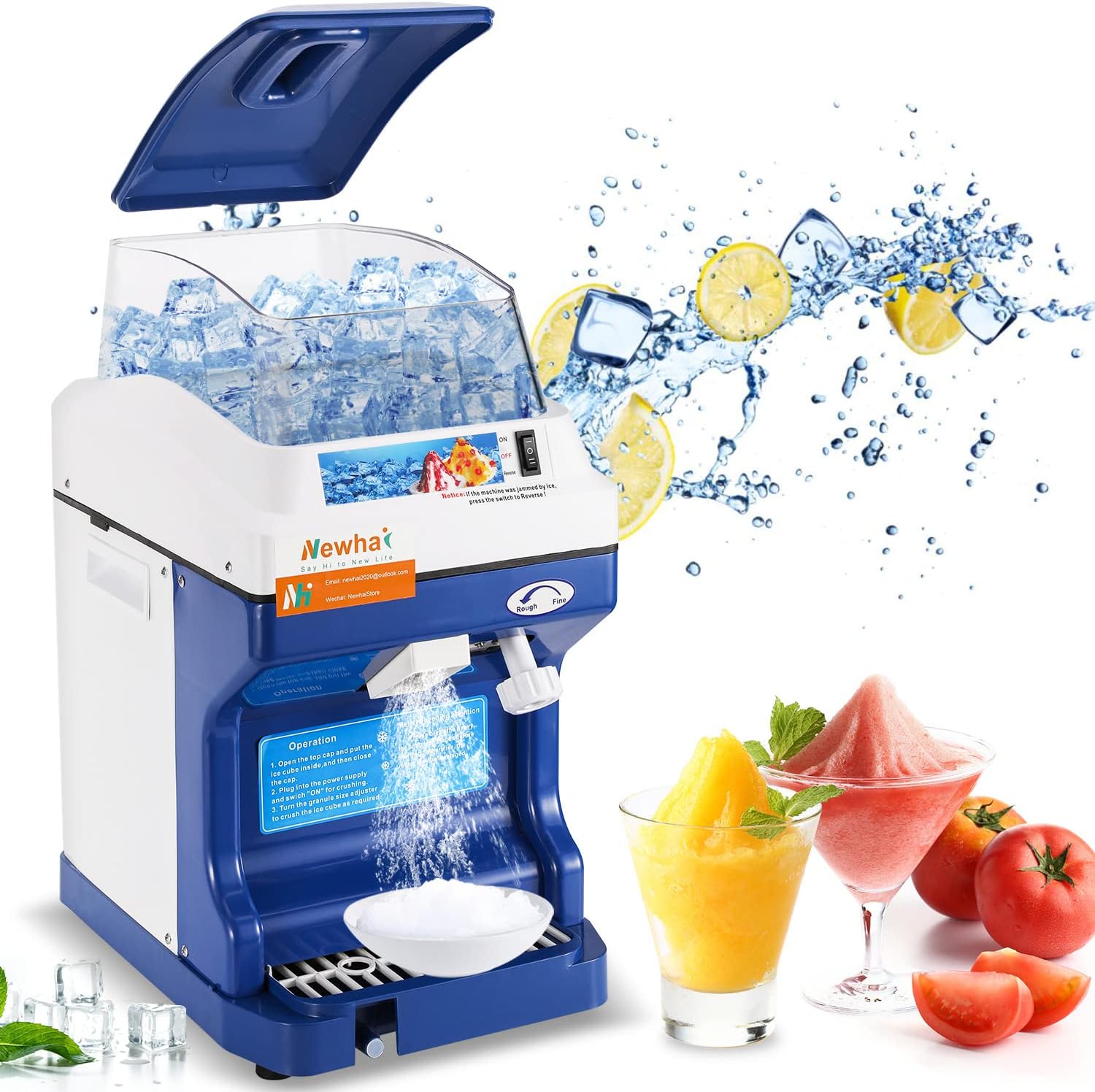 Newhai Commercial Ice Shredder 300W, Adjustable Thickness, 441 lb/h, Stainless Steel Snow Cone Machine