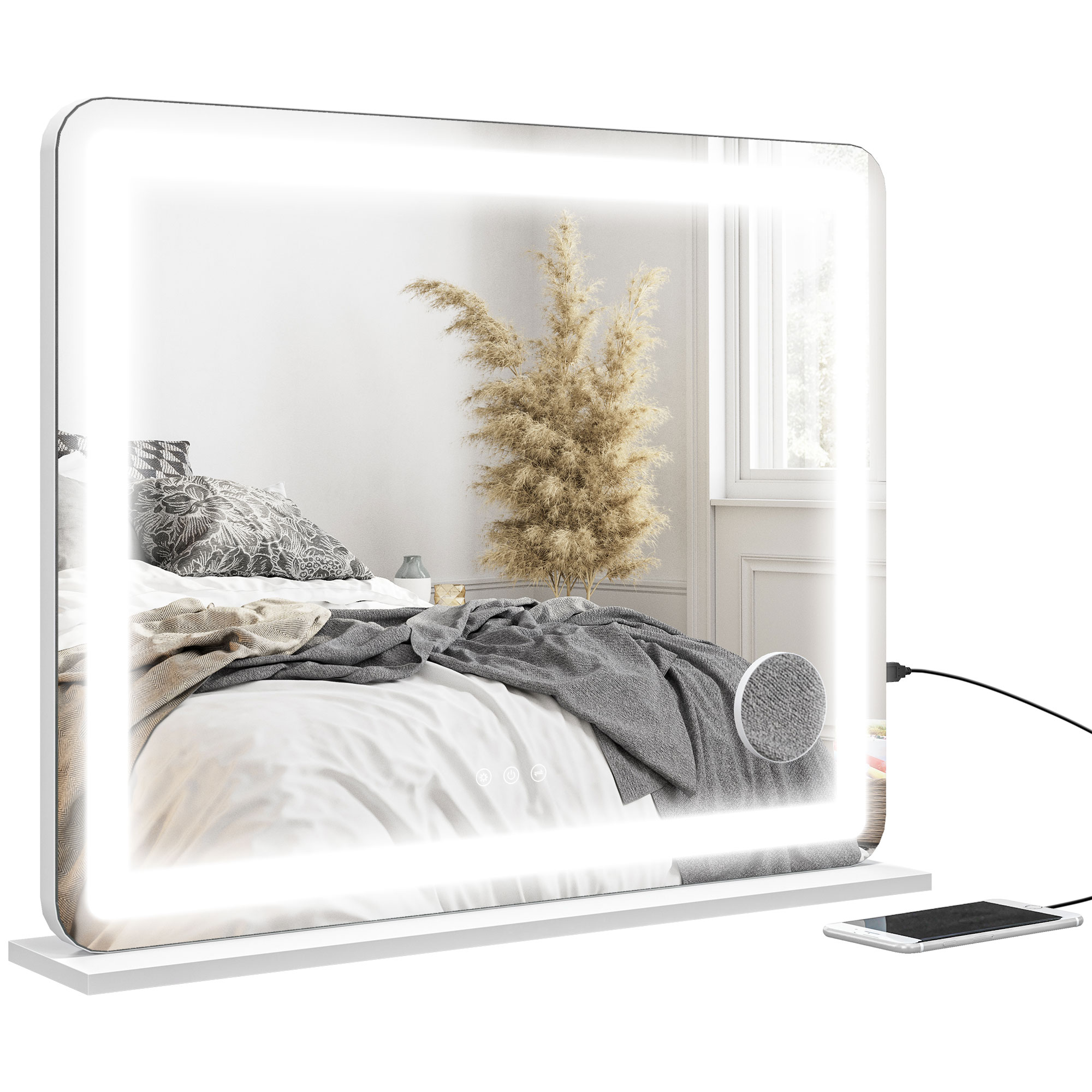 HOMCOM LED Spiegel mit 3 Lichtmodi, 10-fache Vergrößerungsfunktion, USB-Ladeanschluss, Touch-Steuerung - 80 x 62 cm