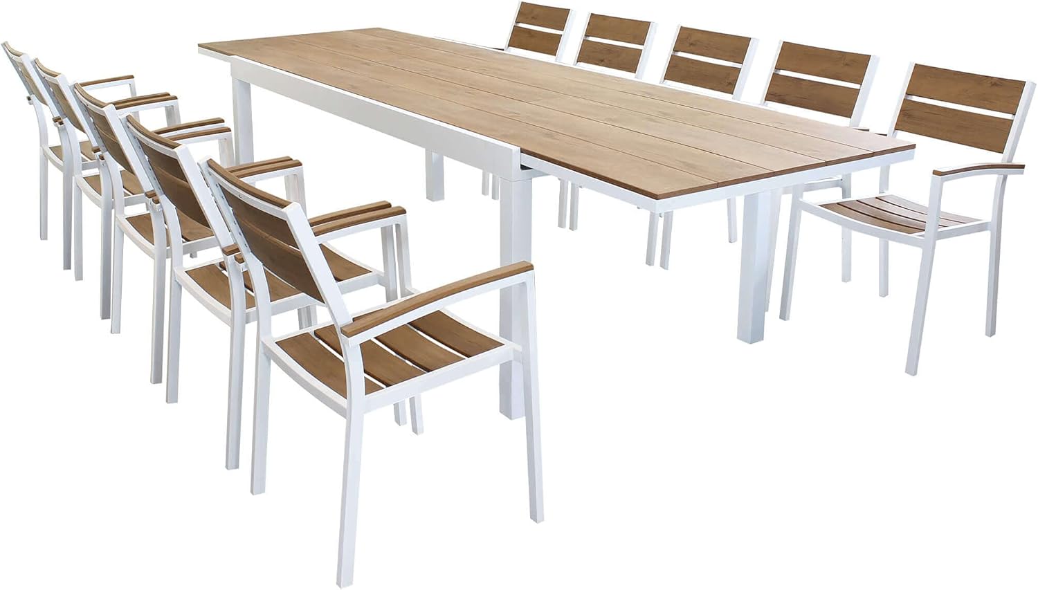 MilaniHome.it - Table Set 200/300 x 100 cm, Aluminium Frame Including 10 Seats, White, Brown