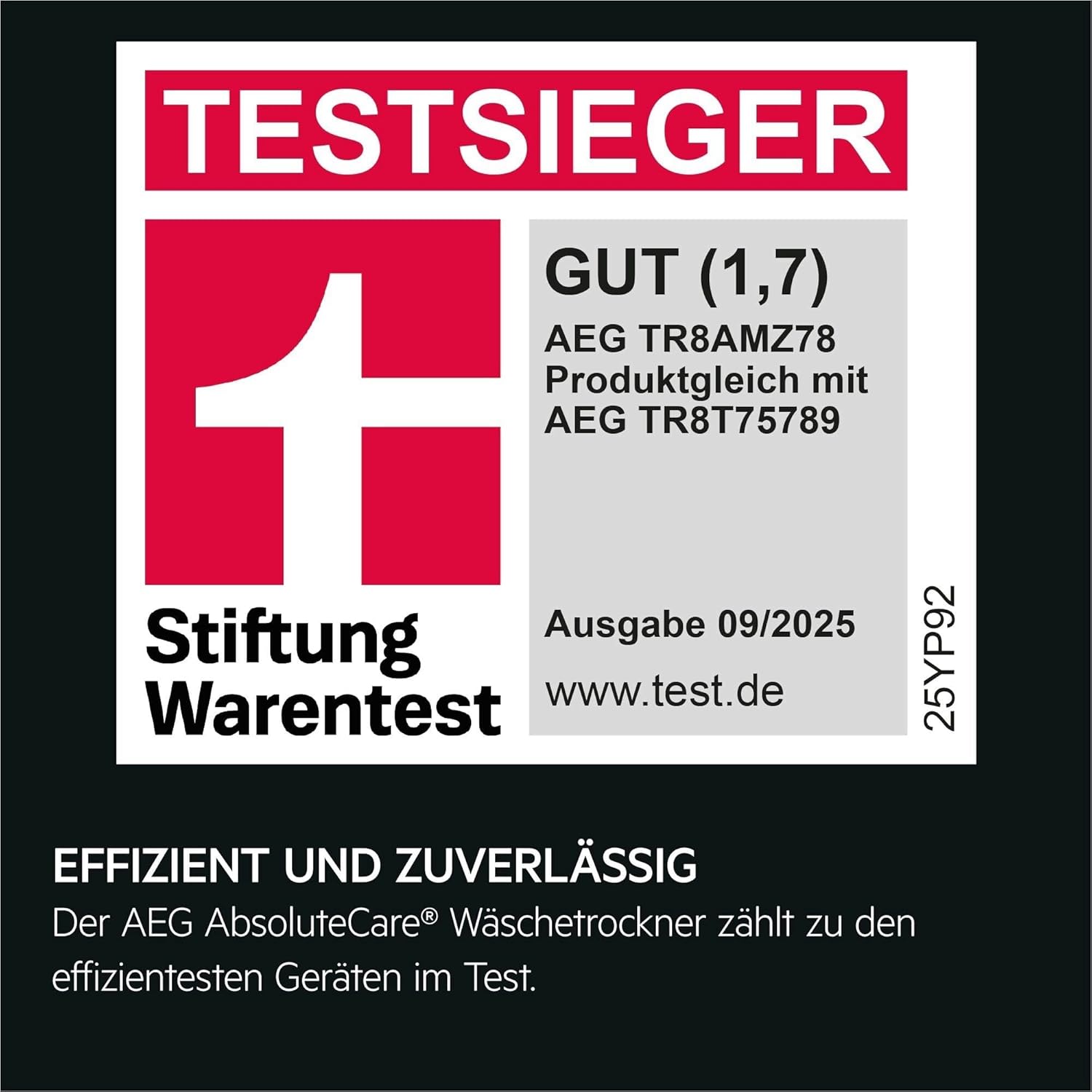 AEG Wärmepumpentrockner 8kg, Testsieger der Stiftung Warentest 2025, neue Energiekl. B, Serie 8000 AbsoluteCare Wolle-  und  Seidetrocknung, Reversierautomatik für Knitterschutz, Innenbeleuchtung TR8AMZ78