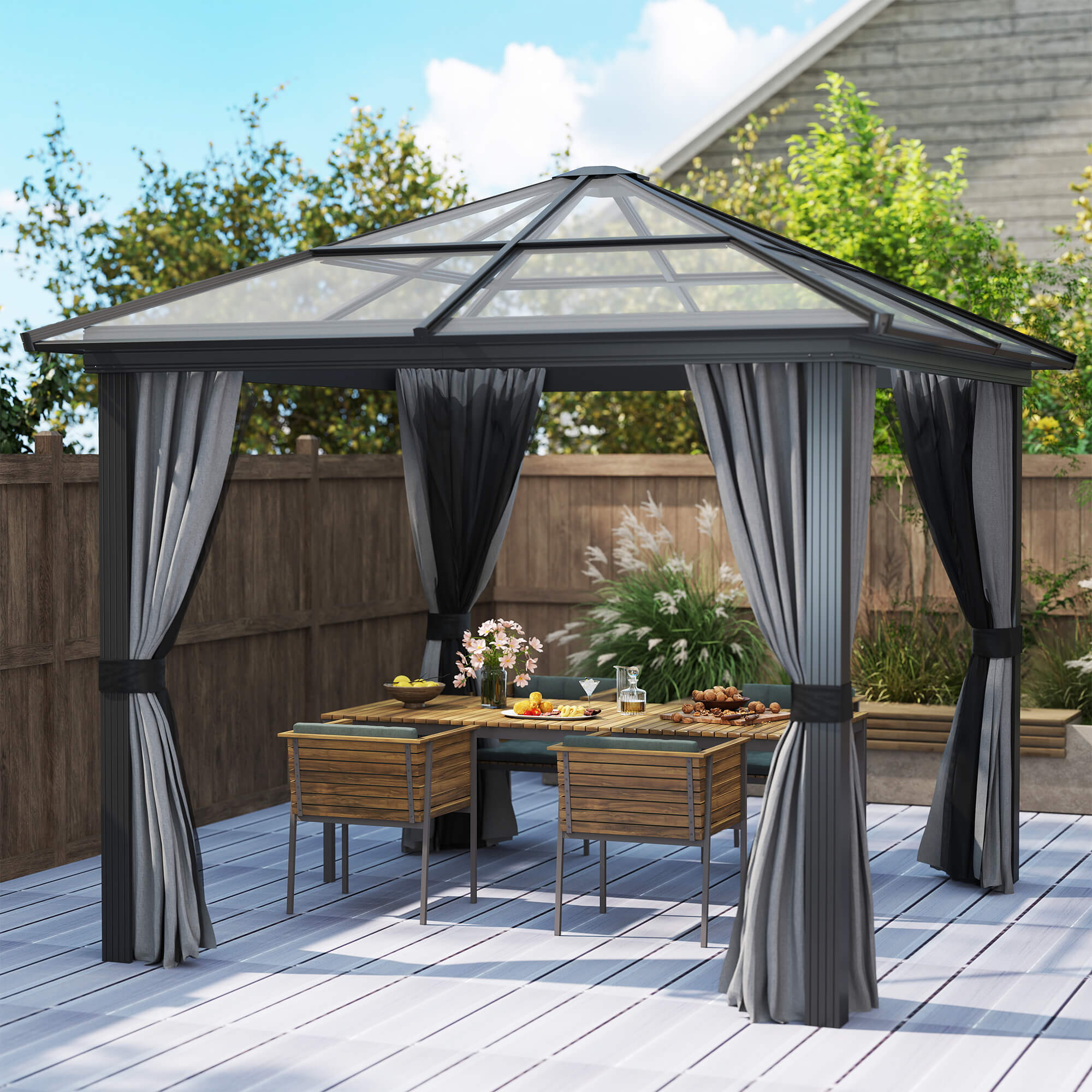 Outsunny Pavillon mit Polycarbonatdach, Vorhänge mit Fliegennetz, Alugestell, grau, 3 x 3 x 2,6 m