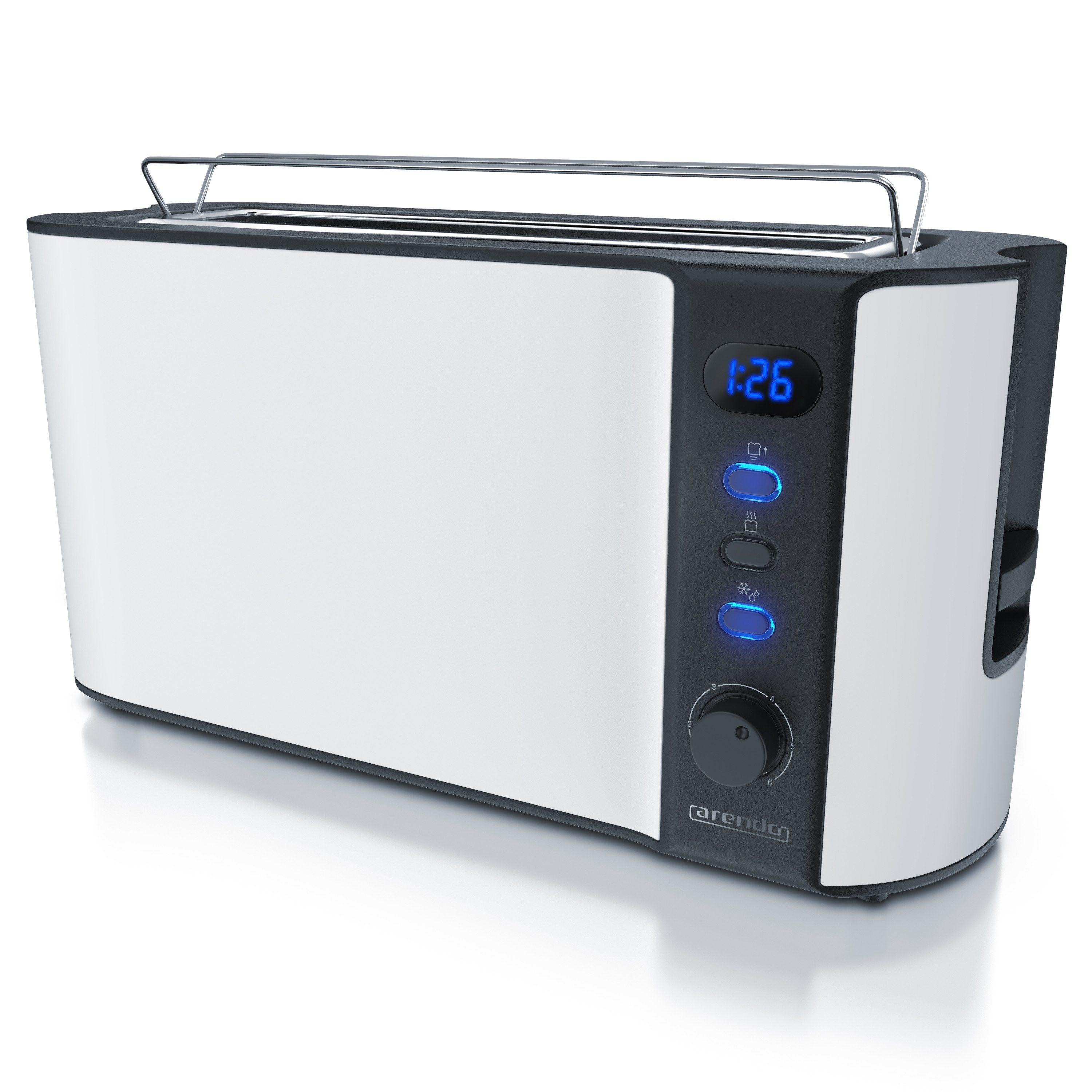 Toaster Langschlitz, Edelstahl, Display mit Restzeitanzeige, Brötchenaufsatz