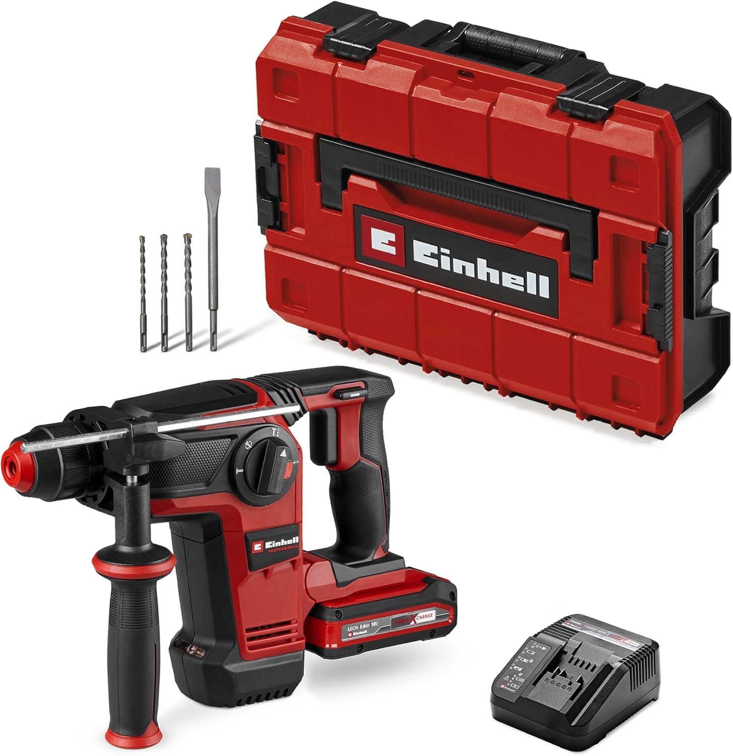 Akku-Bohrhammer TP-HD 18/28 Li BL mit SDS-Plus, 18 V, bürstenlosem Motor, 3,0-Ah-Akku, Ladegerät, E-Case S, 3 Betonbohrern und Flachmeißel