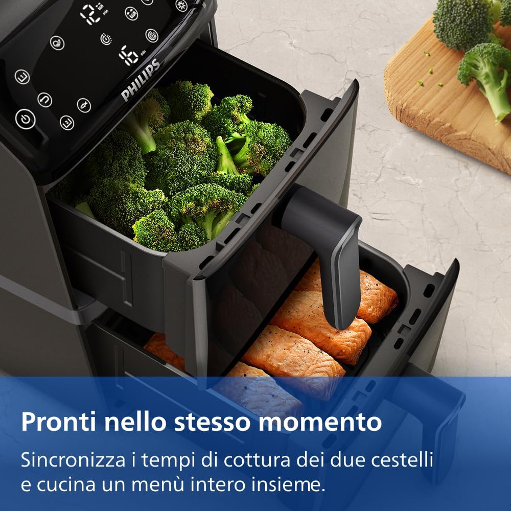 Philips Airfryer Serie 4000, Friggitrice ad Aria Doppio cestello Verticale da 10L, Tecnologia RapidAir, Funzione Sync, Rivestimento in ceramica no PFAS, Finestre, 45% più piccola (NA460/00)