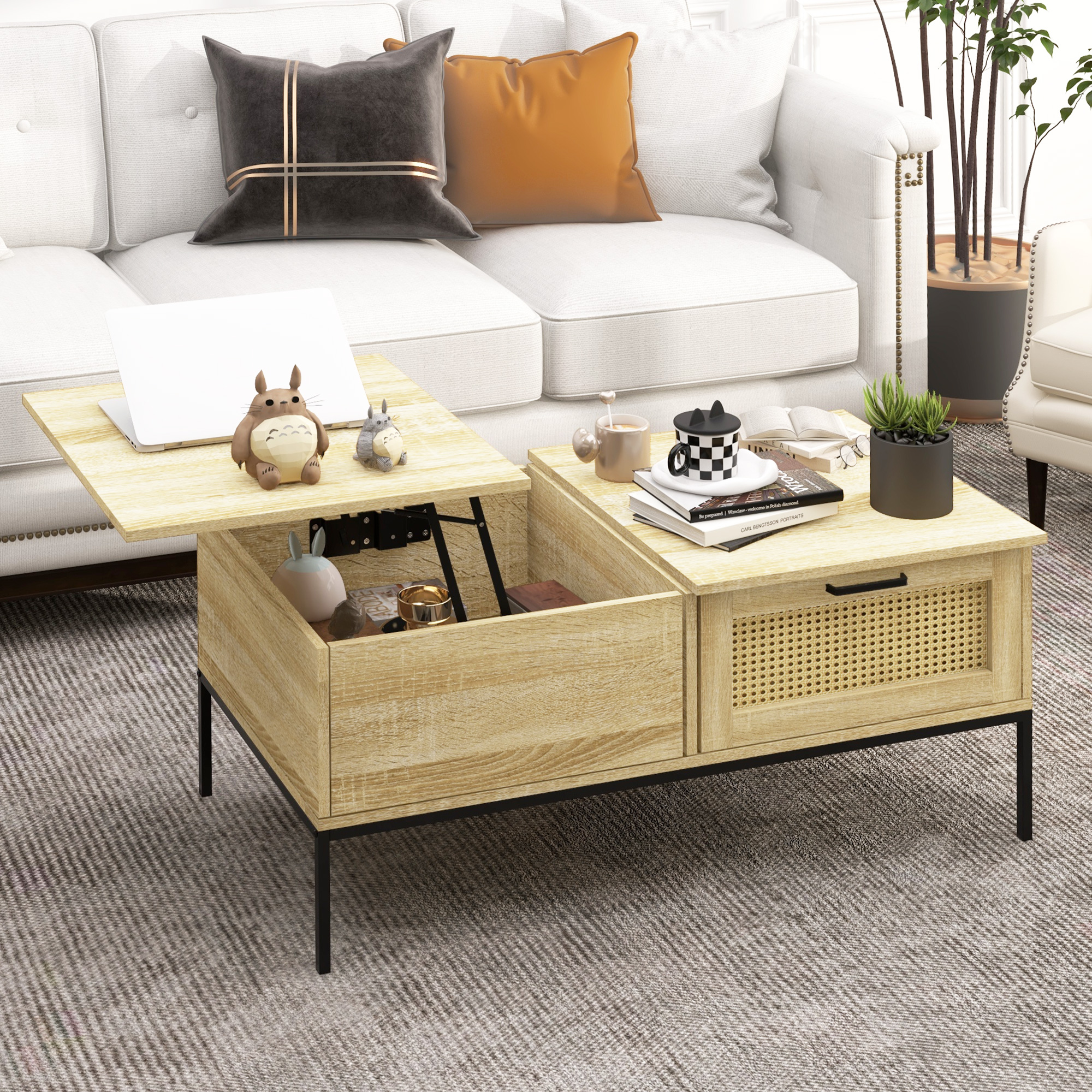 HOMCOM Kaffeetisch mit klappbarem Tablett Wohntisch mit 2 großen Schubladen Stahlgestell 106 x 56,3 x 48 cm Natürliches Holz