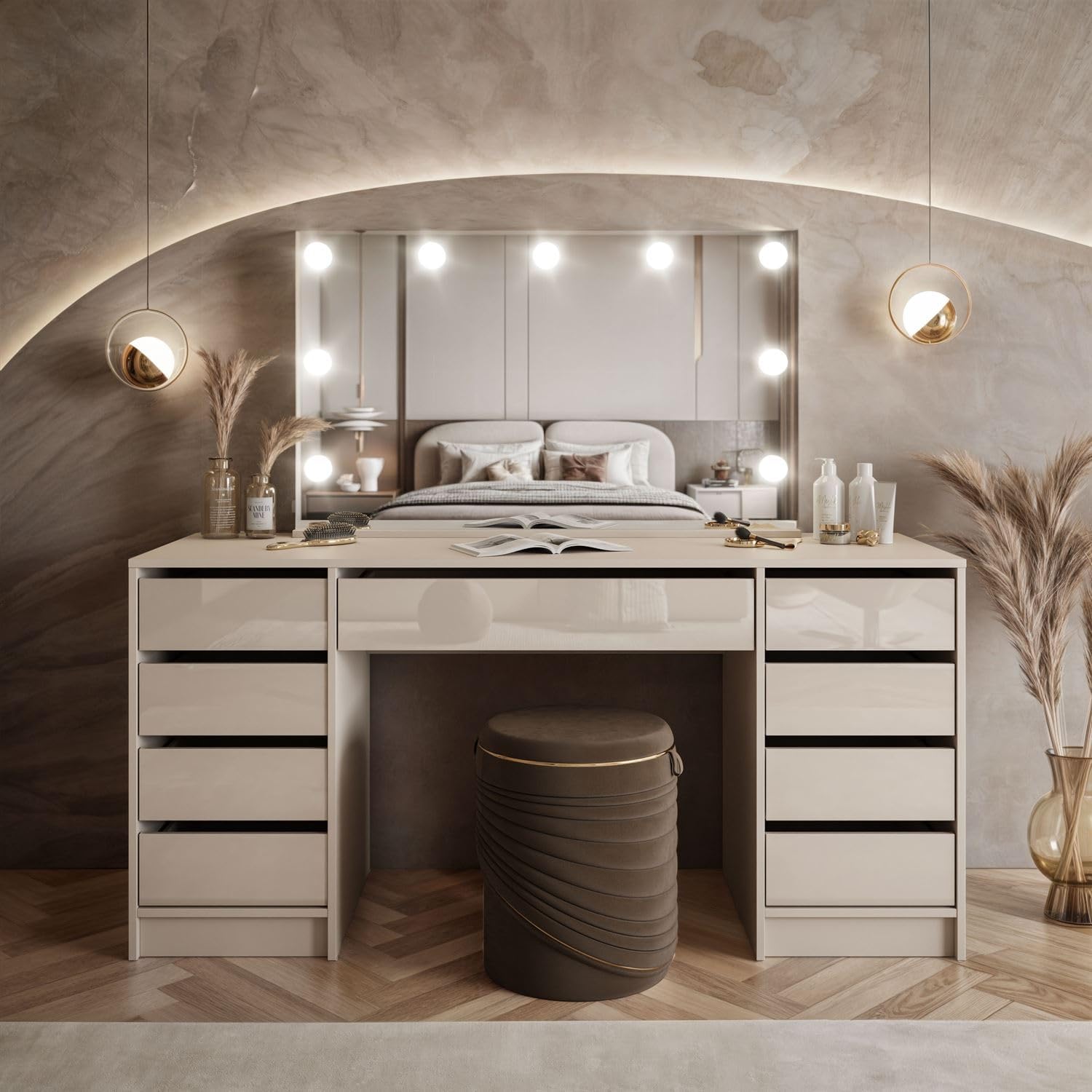 Lookway Schminktisch MADA Elite II mit LED-Spiegel – Eleganter Kaschmir oder Weiß Hochglanz, Wandmontage, Geräumige Schubladen (Kaschmir/Kaschmir Hochglanz)