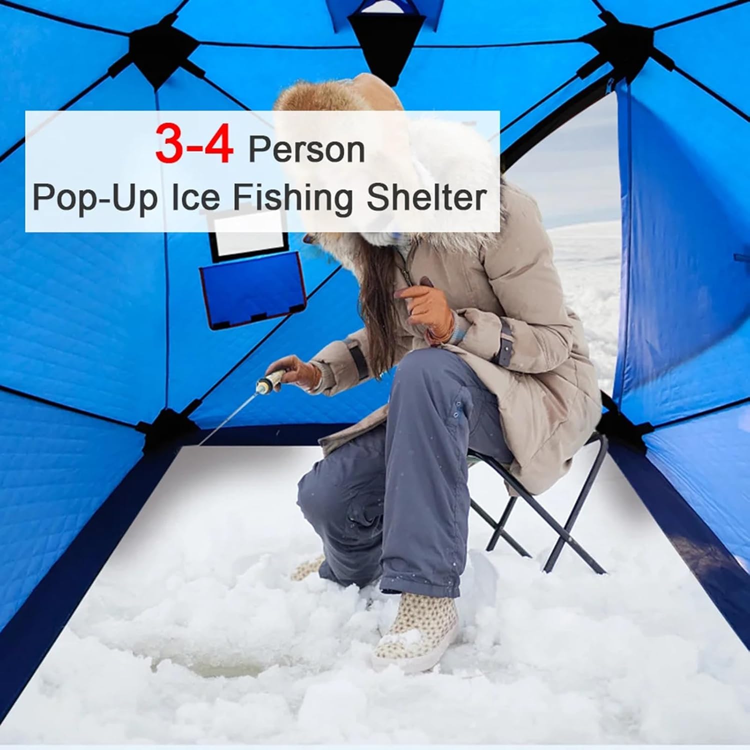 Isolierter Ice Shanty 3-4 Personen Tragbarer Eisangel-Unterstand Mit Herdanschluss, Pop-up-Eisangelzelt-Eishaus Mit 2 Türen Und 4 Fenstern Zum Eisangeln Im Winter Beim Camping
