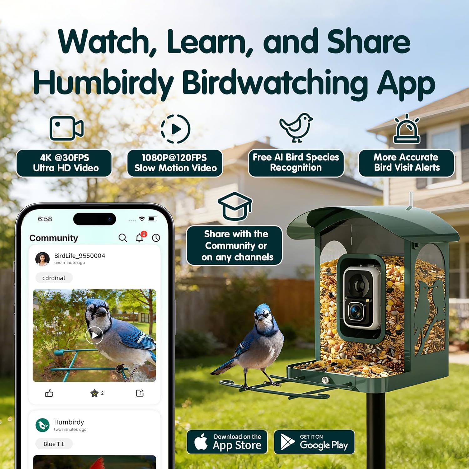 Bird Feeder with Camera  4K Ultra HD Video with 30fps Live View  10x Slow Motion  No Subscription  Solar Powered AI Smart Bird Feeder with Camera  2.4G/5G Wi-Fi  Durable Metal Bird Lover Gift