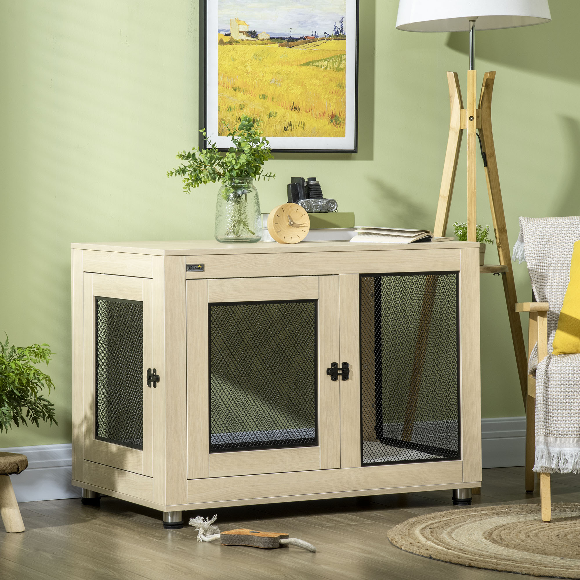 PawHut Hundebox Hundekäfig, Modernes Design, verriegelbar, 2 Türen, 94 cm x 60 cm x 71,5 cm, Natur + Schwarz