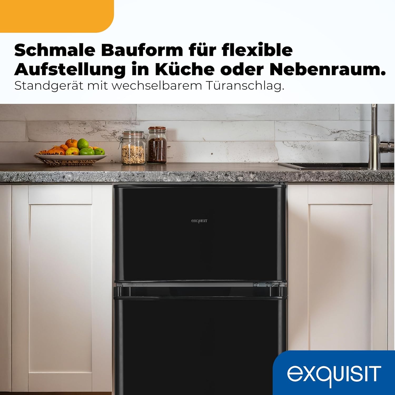 Exquisit Kühl-Gefrierkombination | 85 l Nutzinhalt, Energieklasse E, 40 dB(A) | kompakte Bauform, 4-Sterne-Gefrierfach, LED-Beleuchtung, elektronische Temperaturregelung | KGC590-30-E-040E schwarz