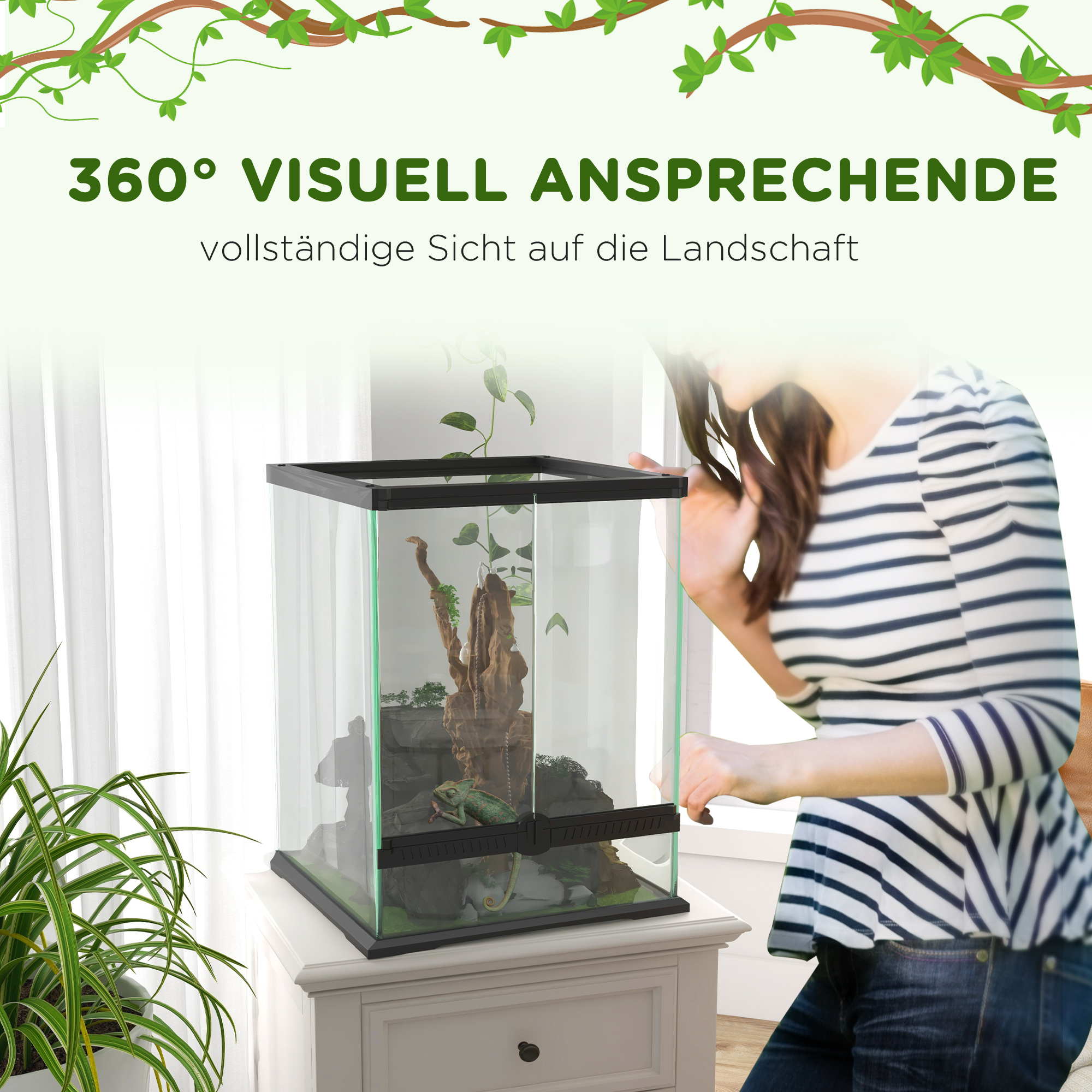 Afsluitbaar Terrarium, Glazen Behuizing, Kabelbeheer, 45x45x60cm, Zwart