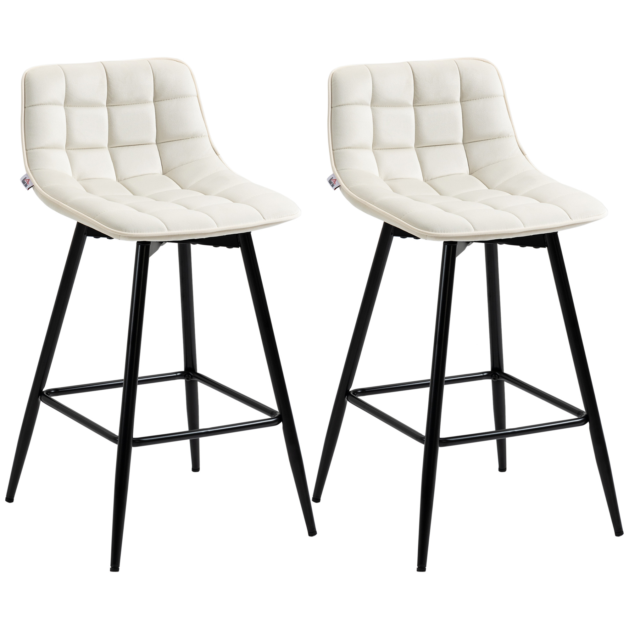 HOMCOM Set 2 Barhocker mit Rückenlehne und Fußstütze im nordischen Stil aus Metall und Samtoptik, Farbe Cremeweiß, 45x47x84 cm