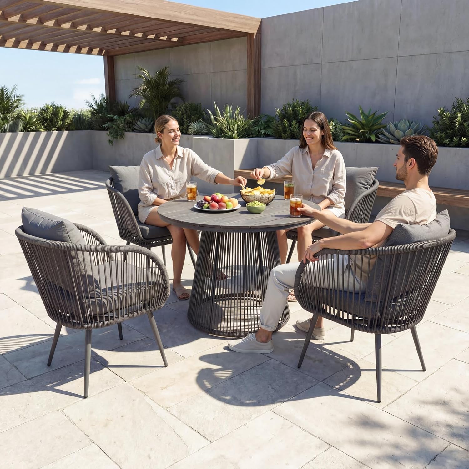 di volio Gartenmöbel Set MAZARO – Essgruppe Outdoor mit rundem Tisch & 4 Stühlen, Gartengarnitur wetterfest (Grau)