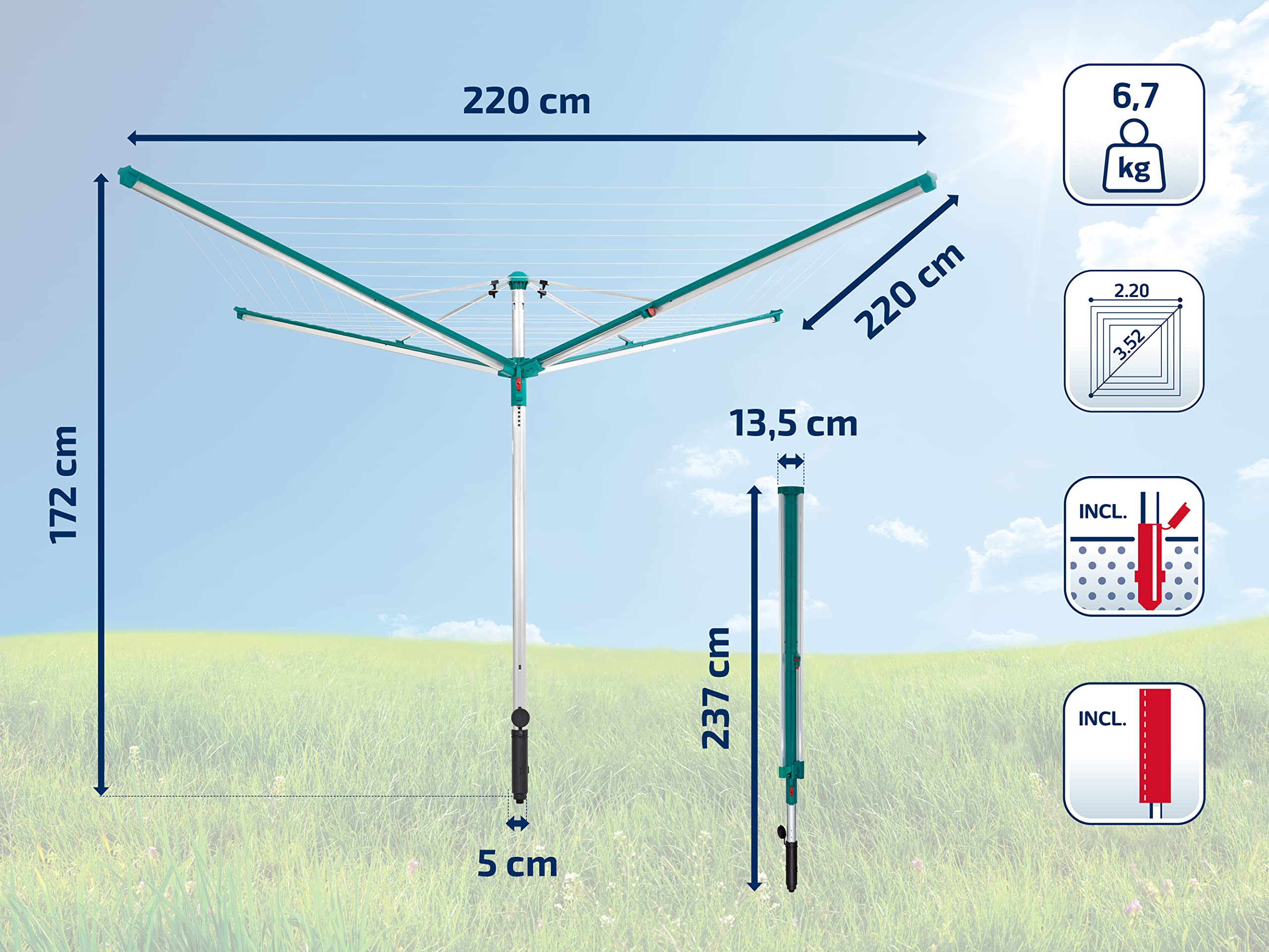 Leifheit Wäschespinne Linomatic 600 Deluxe Wäscheschirm mit 60 m Leinenlänge ideal für Garten und Balkon