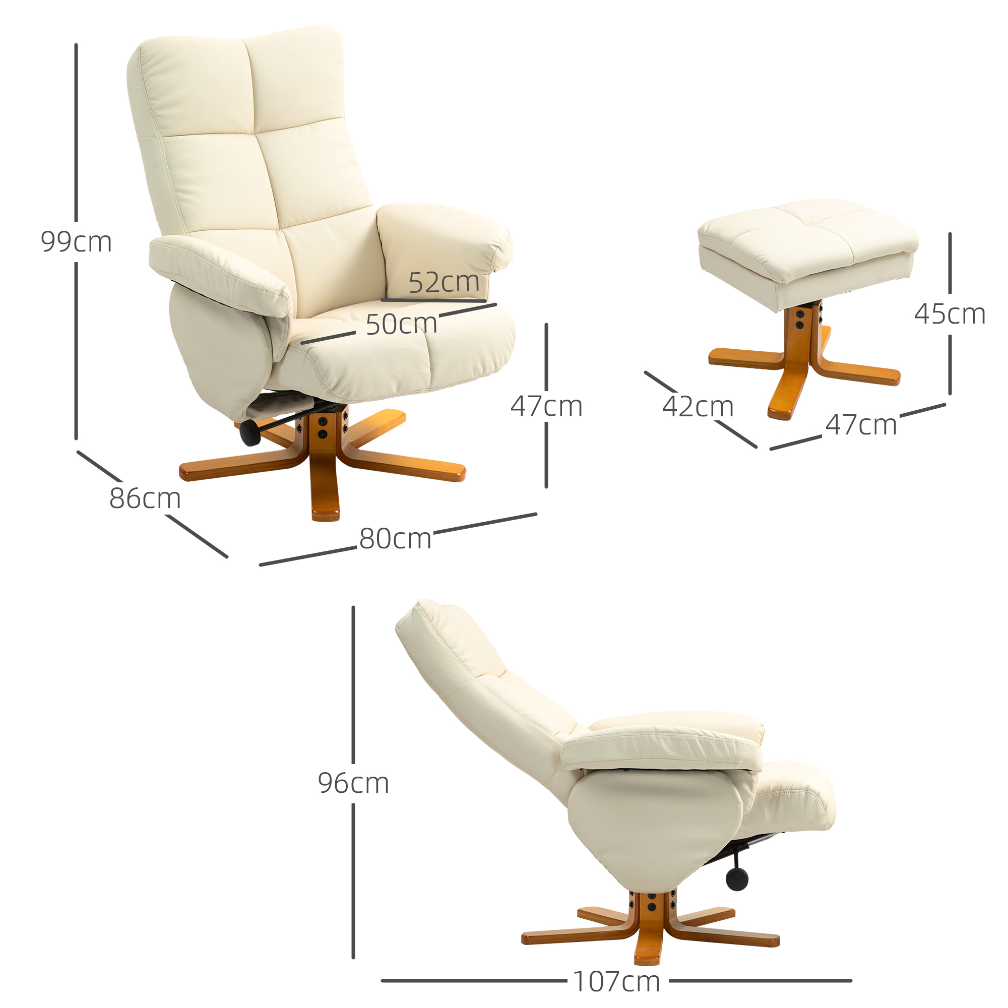 Relaxfauteuil met Hocker, 145�� Kantelbare Rugleuning, 360�� Draaibaar, Kunstleer, Cr��mewit
