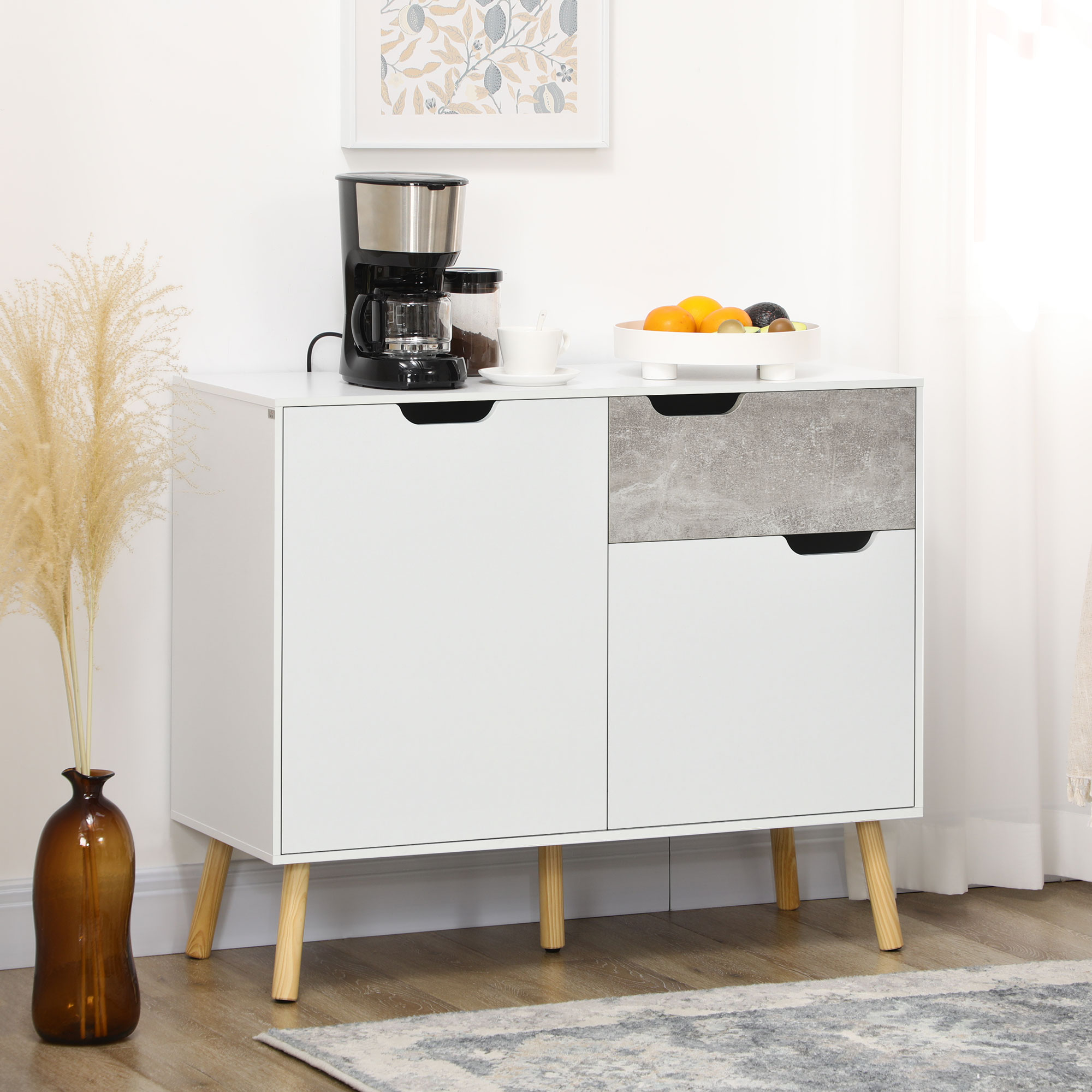 HOMCOM Wohnzimmerschrank mit 2 zweitürigen Schränken und Schublade aus Spanplatte und Kiefernholz, 98x39x81.5 cm, Grau und Weiß