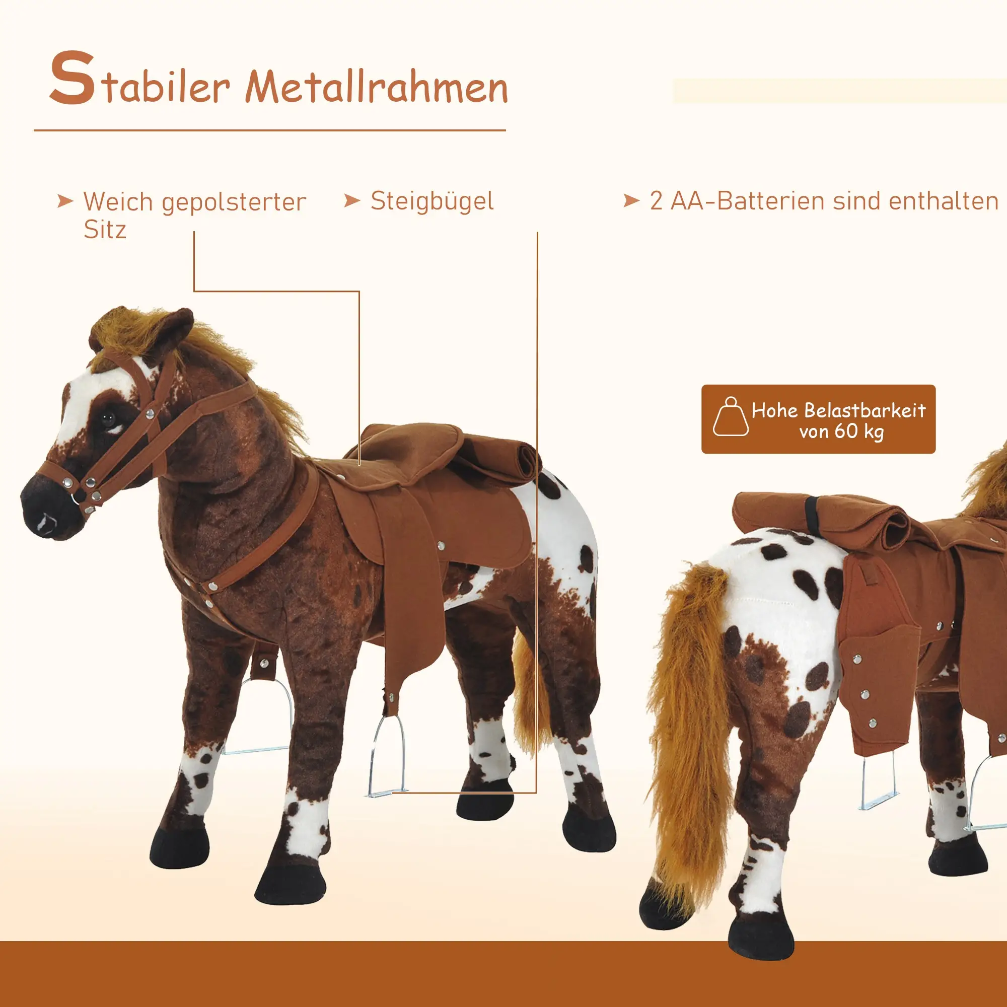 HOMCOM Schaukelpferd mit Soundfunktion für Kinder ab 3 Jahren Plüsch Braun+Weiß