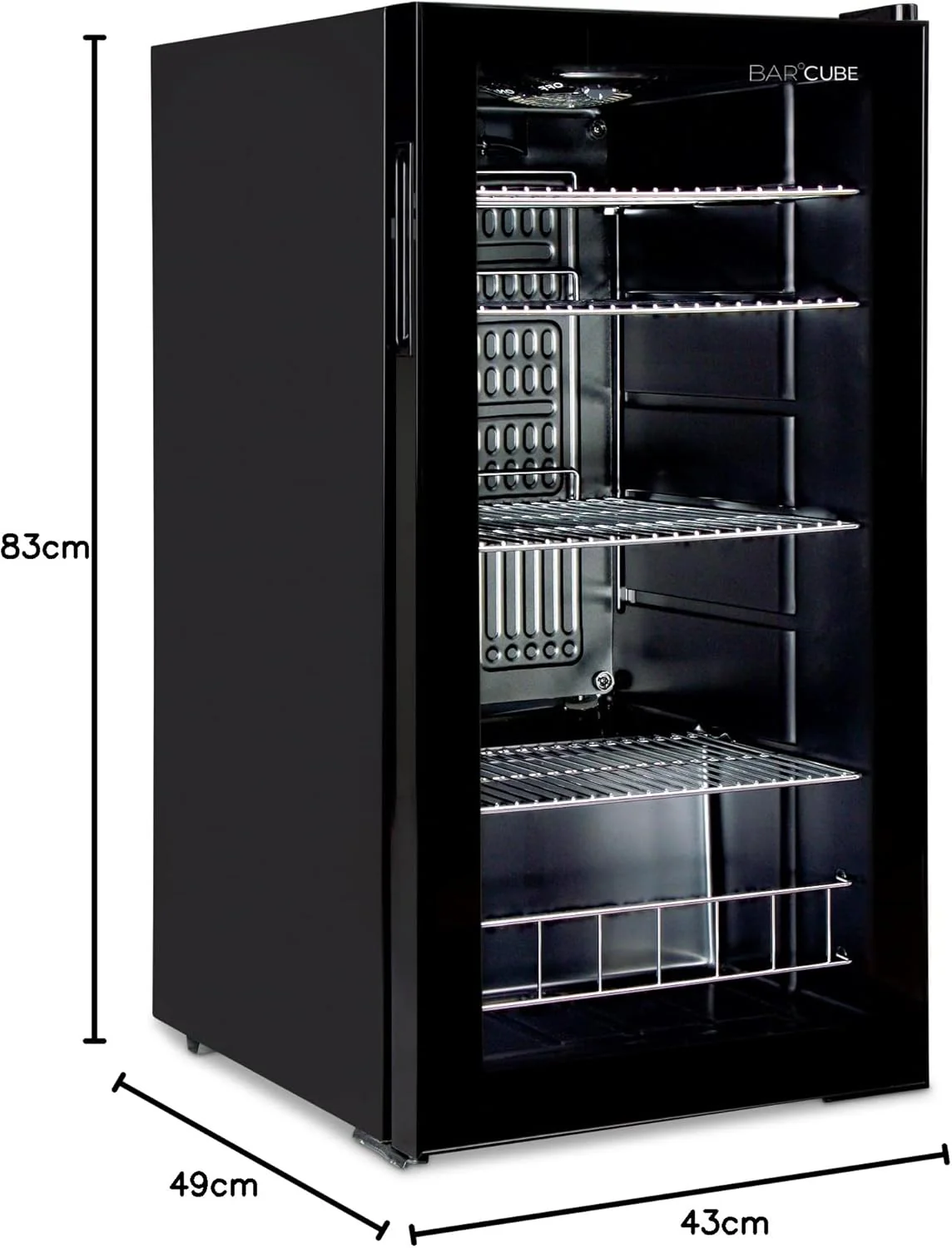 °CUBES Getränkekühlschrank 90L mit Glastür & 4 variablen Ablagen | Kompakter Flaschenkühlschrank, perfekt für zu Hause, Büro, Partys & Gastro | Stilvoller Kühlschrank mit Glastür, schwarz