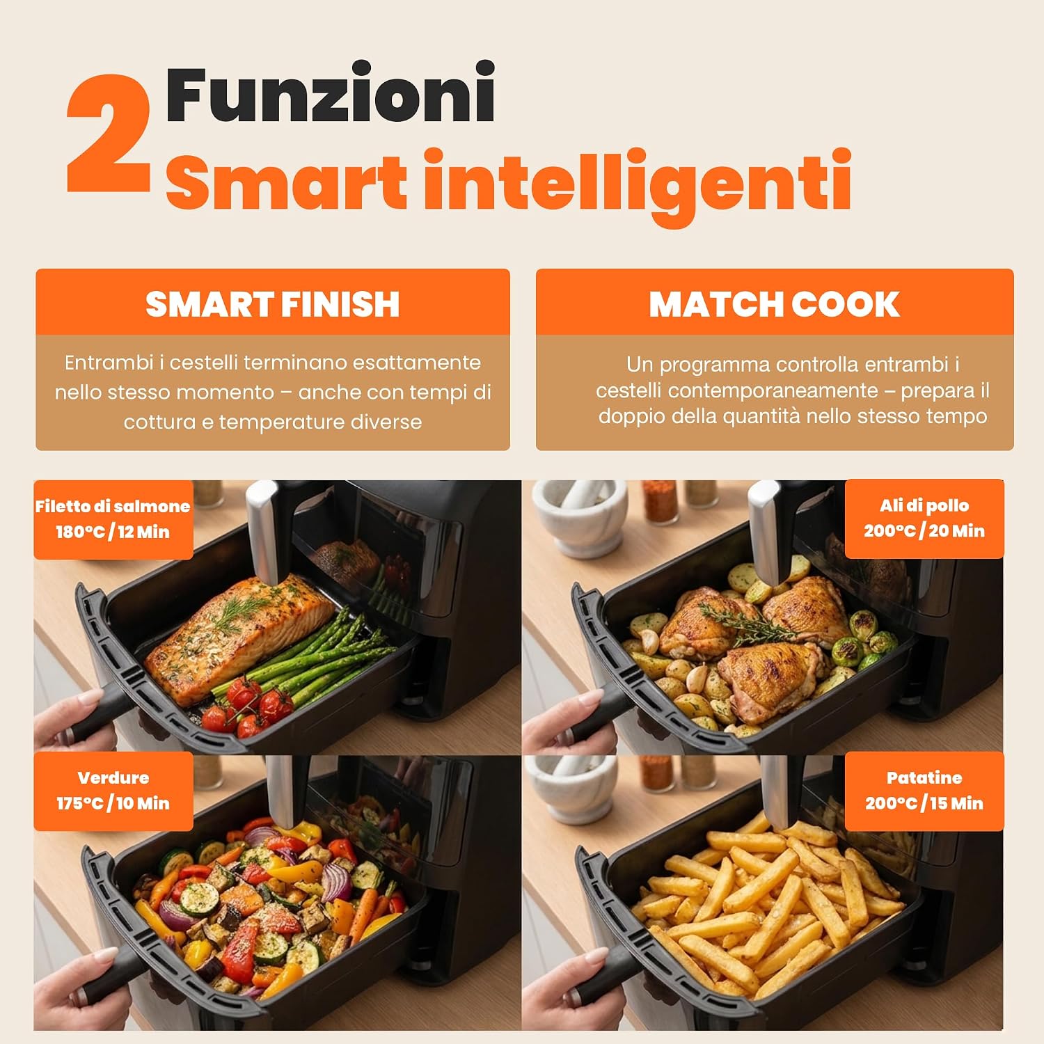 Friggitrice ad Aria Doppia XXL 11L con 2 Camere Verticali, Smart Finish & Sync, Luce Interna, Oblò in Vetro, 6 Programmi Automatici, Funzione Grill, Touchscreen.