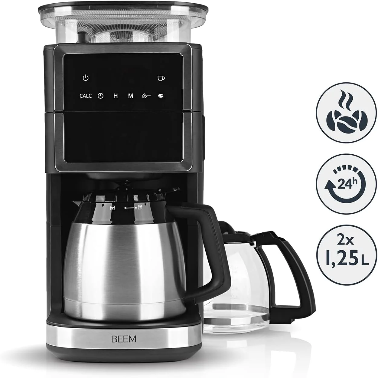 BEEM FRESH-AROMA-PERFECT III Filterkoffiezetapparaat met maalwerk - Duo | Met thermos- & glazen kan | Aroma-Plus-functie | 24-uurs timer | 1000 W | voor maximaal 10 kopjes [roestvrij staal]