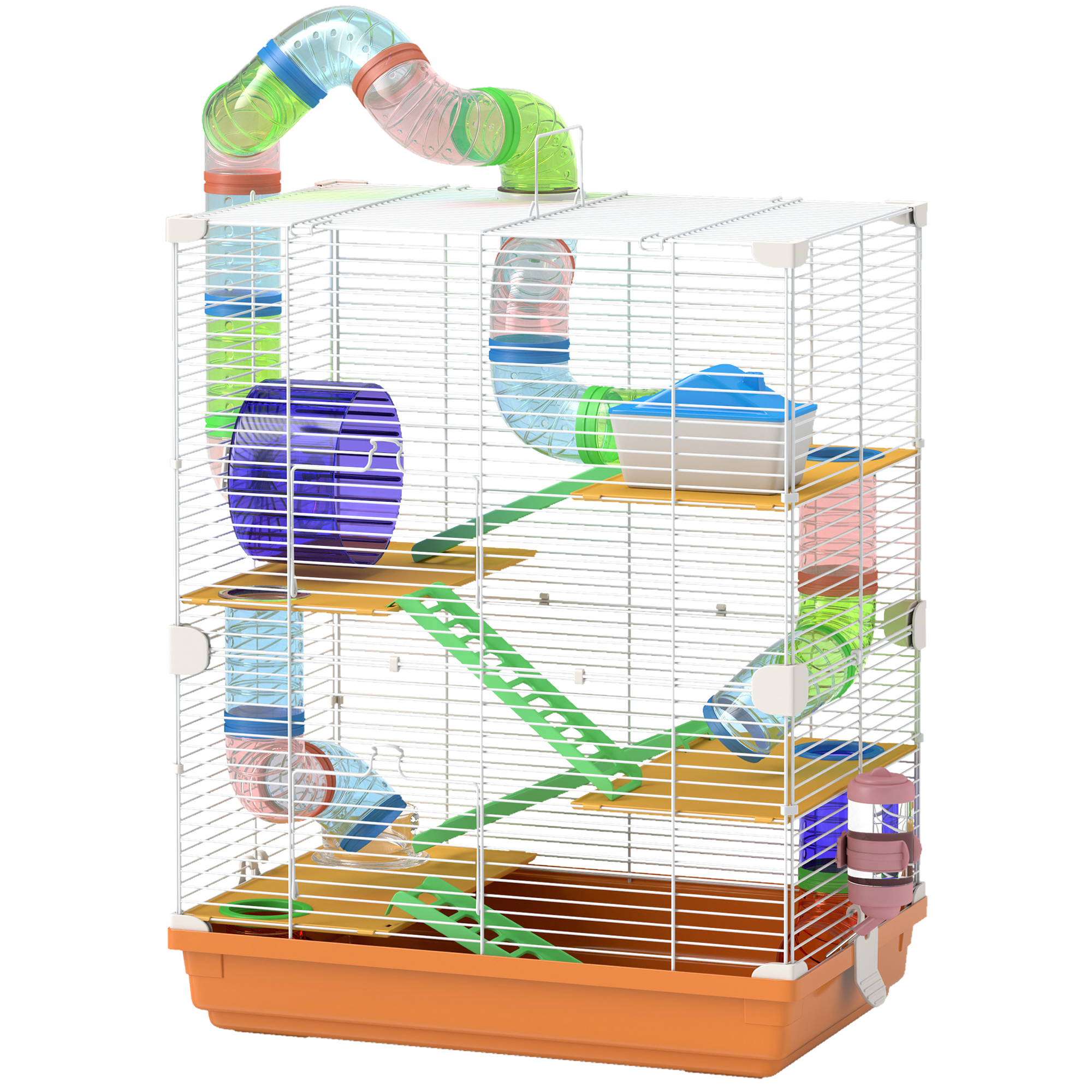 PawHut Käfig für Hamster Nagetier 4 Etagen mit Tunneln Futternapf Laufrad Häuschen Leitern Ø 46 x 30 x 58 cm Orange