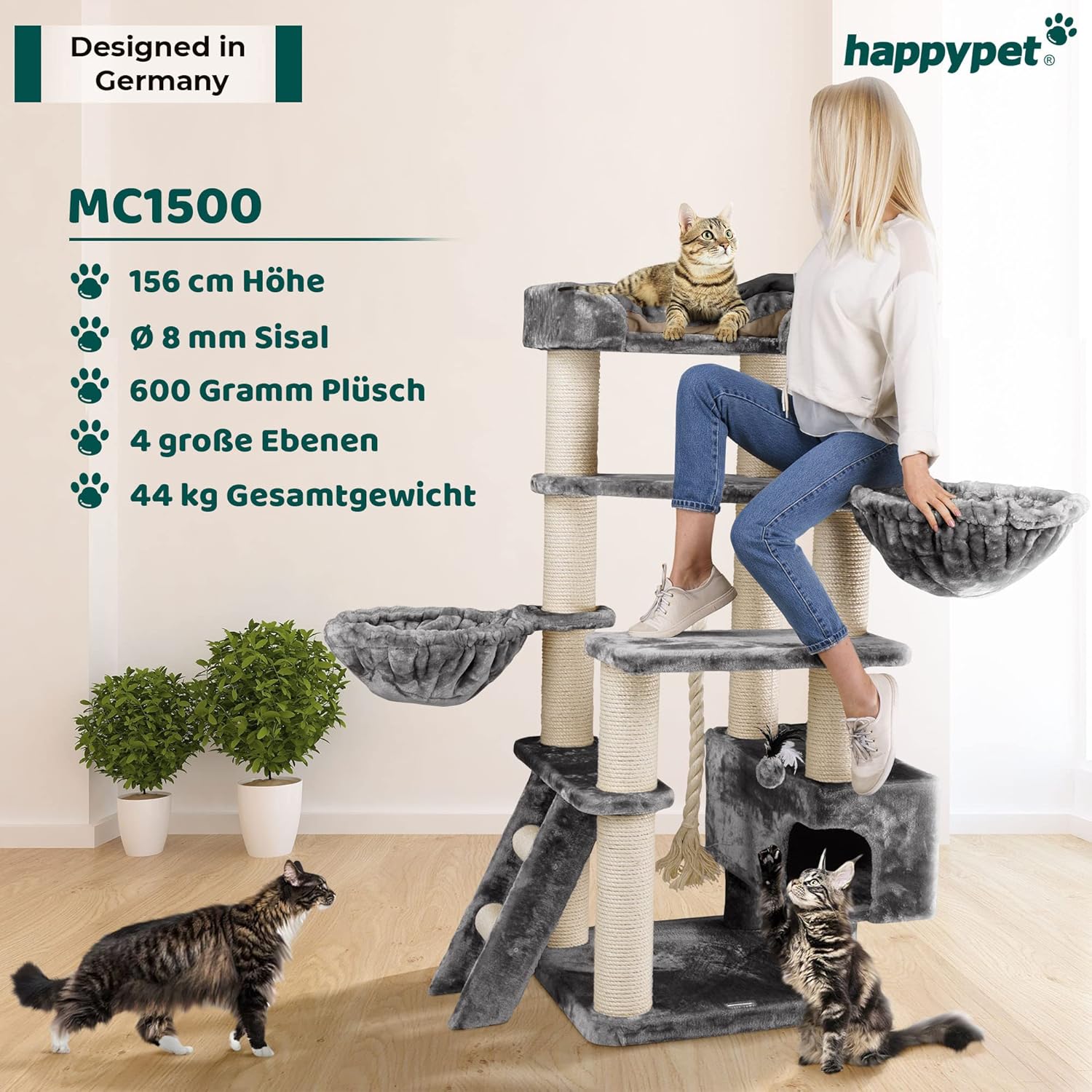 HAPPYPET Kratzbaum große Katzen XXL Jacob - Katzenbaum Deckenhoch, Stabil und Massiv mit Sisalsäulen und Dicker Bodenplatte, Ideal für Schwere Rassen