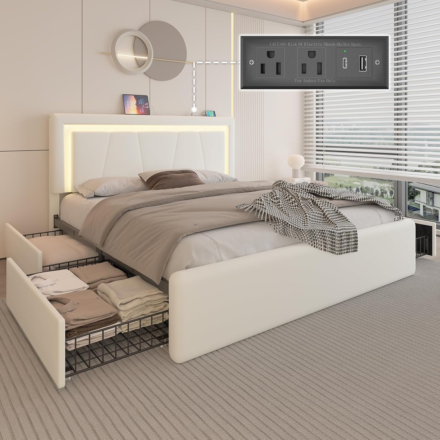 Full Size Bed Frame with 4 Storage Drawers and LED Lights, Upholstered Platform Bed with Adjustable Headboard and Charging Station, Metal Slats Support, No Box Spring Needed,Easy Assembly, White