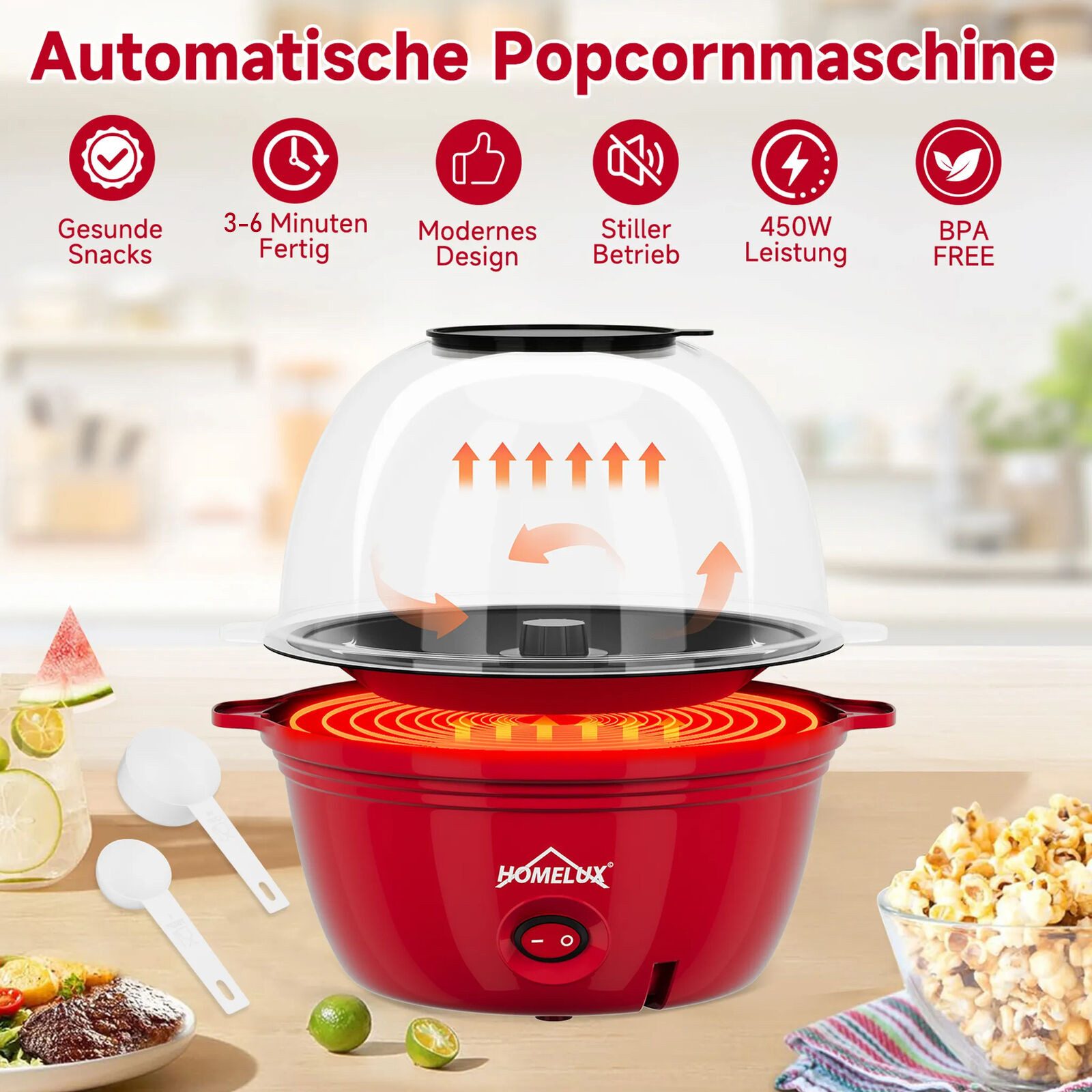 2-in-1-Popcornmaschine Mini Popcorn Maschine 450W Popcorn Maker Snack Popper inkl. 2 Löffel