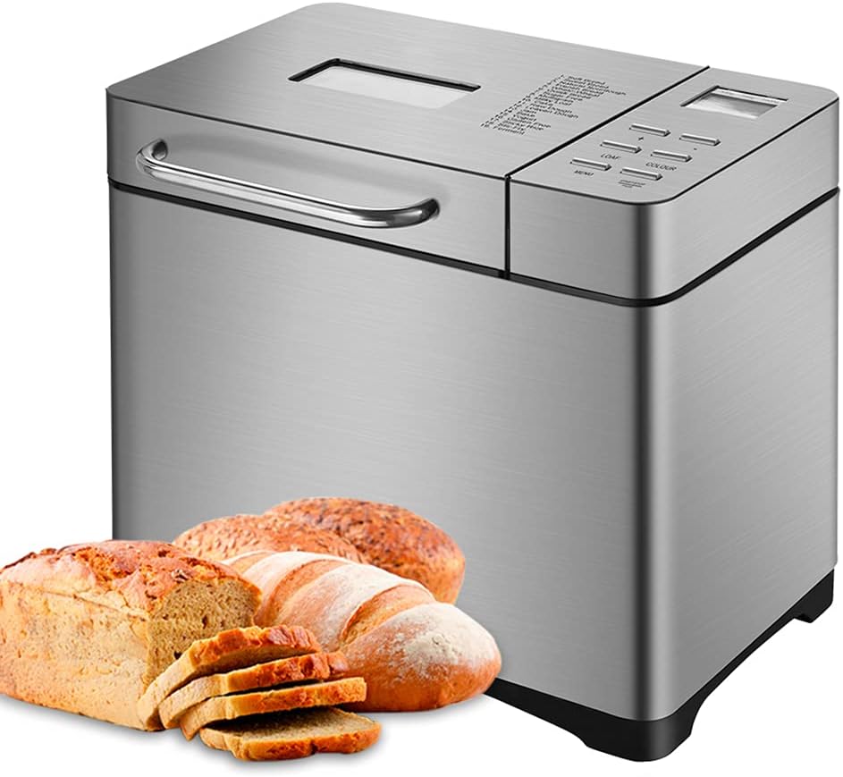 Macchina per il pane con timer e funzione automatica di mantenimento del calore, in acciaio inox, 19 programmi di cottura, 3 formati di pane e 3 colori per la preparazione di torte e marmellate