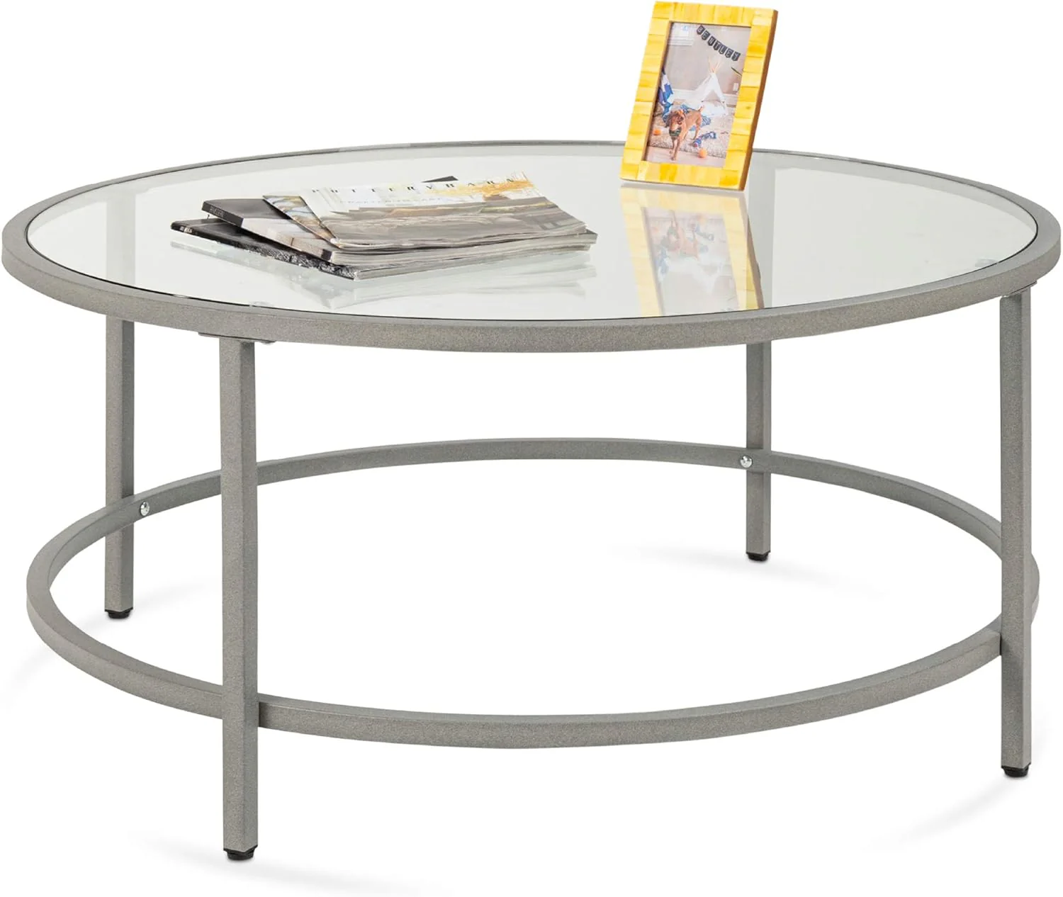 36in Round Tempered Glass Side Coffee Table with Metal Frame