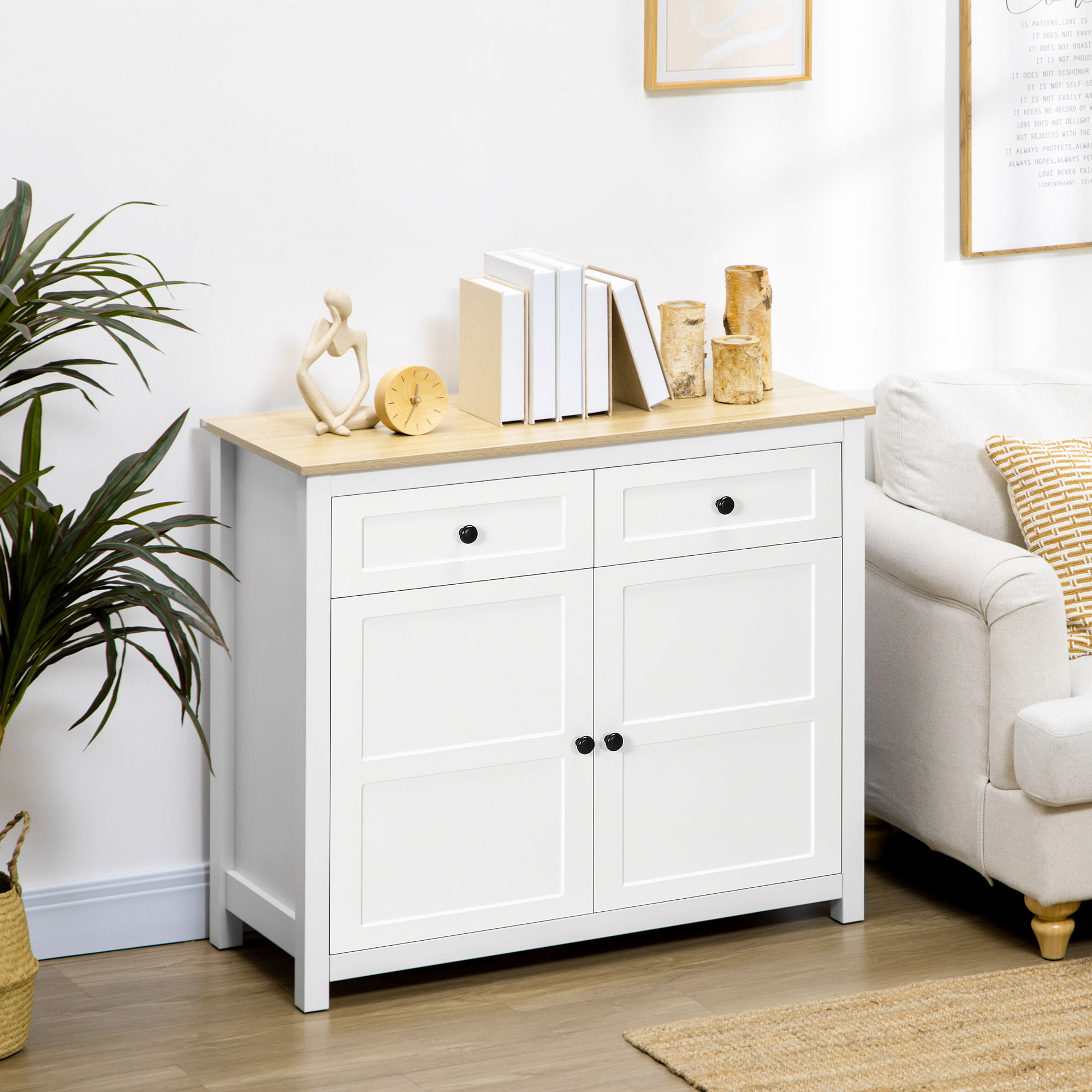 HOMCOM Kommode Aufbewahrungsschrank 2 Türen mit höhenverstellbarem Regal 2 Schubladen 100 x 40 x 85 cm Weiß und Holzoptik