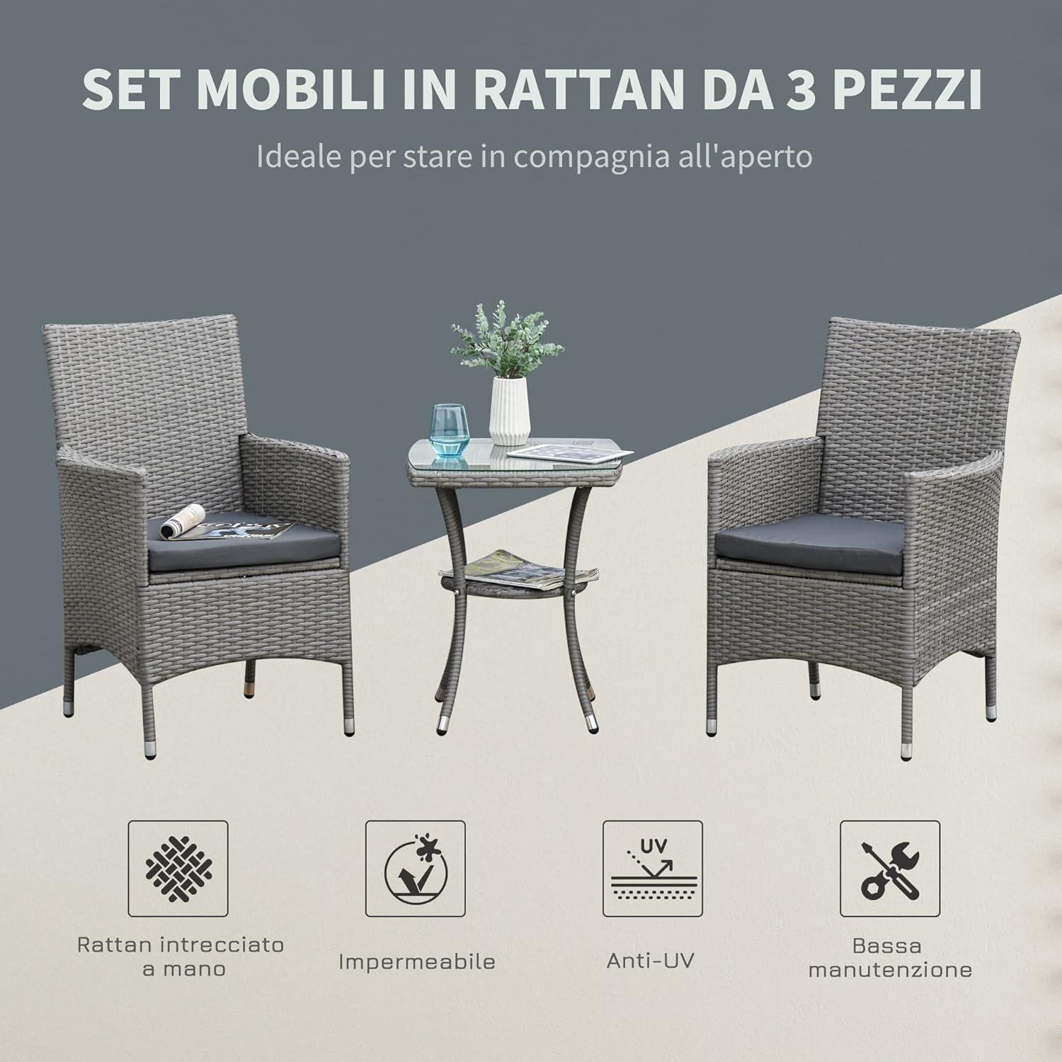 Outsunny Outdoor Garden Set 3 Pieces in PE Rattan and Steel, Set of 2 Chairs with Washable Cushions, Armrests, Coffee Table with Glass Top, Living Room Garden Balcony Patio Courtyard, Grey