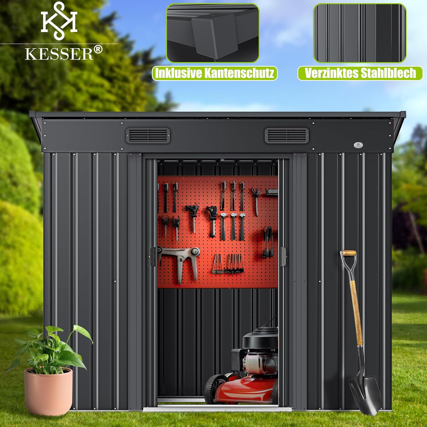 KESSER® - Gerätehaus L Metall 4 m³ mit Fundament | 210x132x186 cm | 2X Schiebetür & Fundament | Geräteschuppen | Gartenhaus Schrank | Pultdach Garten Schuppen, Ink. Arbeitshandschuhe, Anthrazit