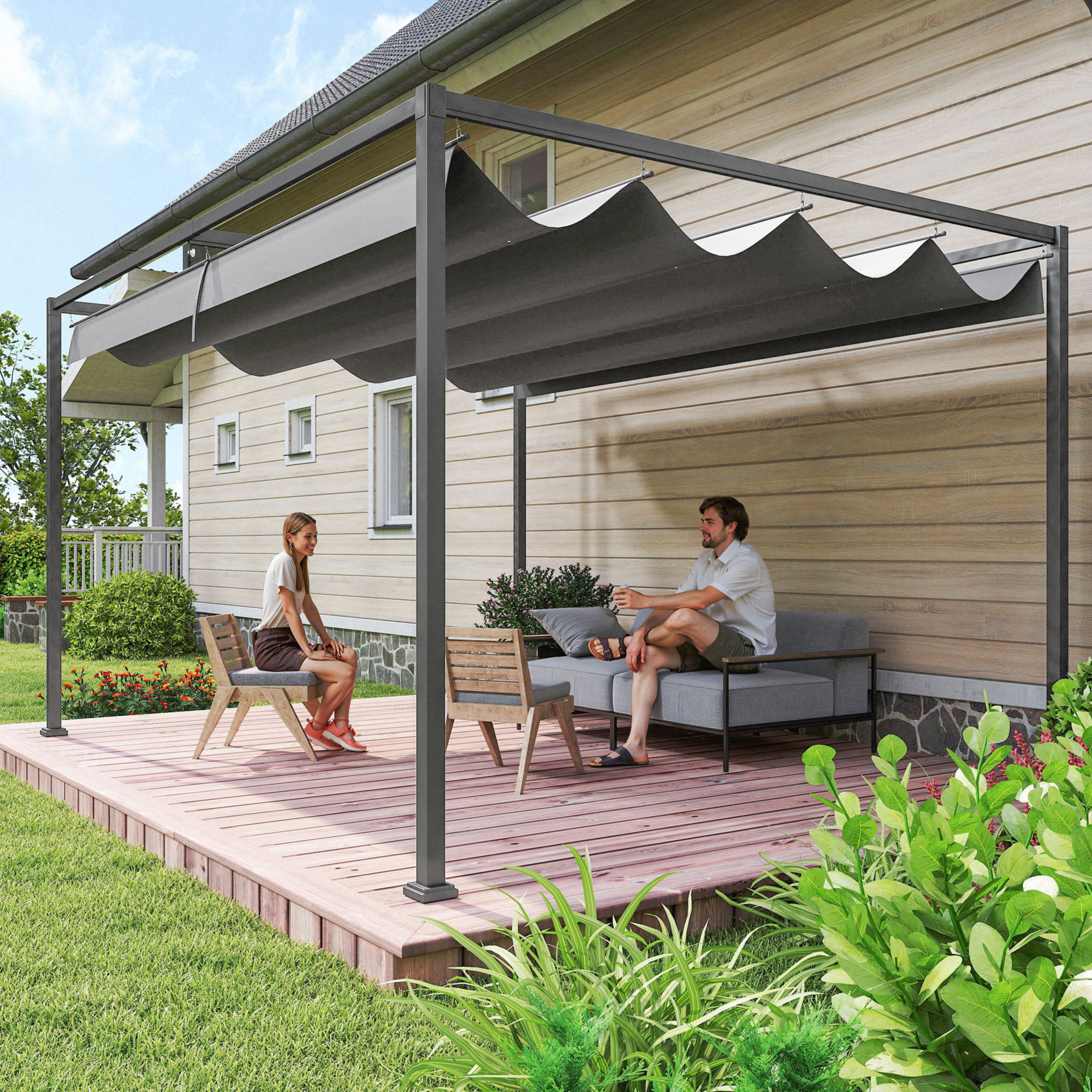 Outsunny Pergola, Robuster Sonnenschutz für Garten, Balkon, Terrasse, aus Metall und Kunststoff, UV- und wasserabweisend, Dunkelgrau