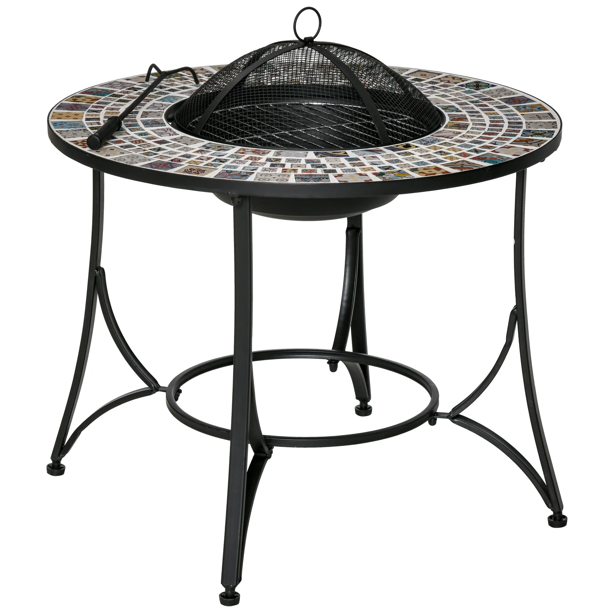 Easycomfort Braciere da Esterno 3 in 1 con Tavolino, Griglia e Attizzatoio, in Metallo e Ceramica, 75x75x60 cm