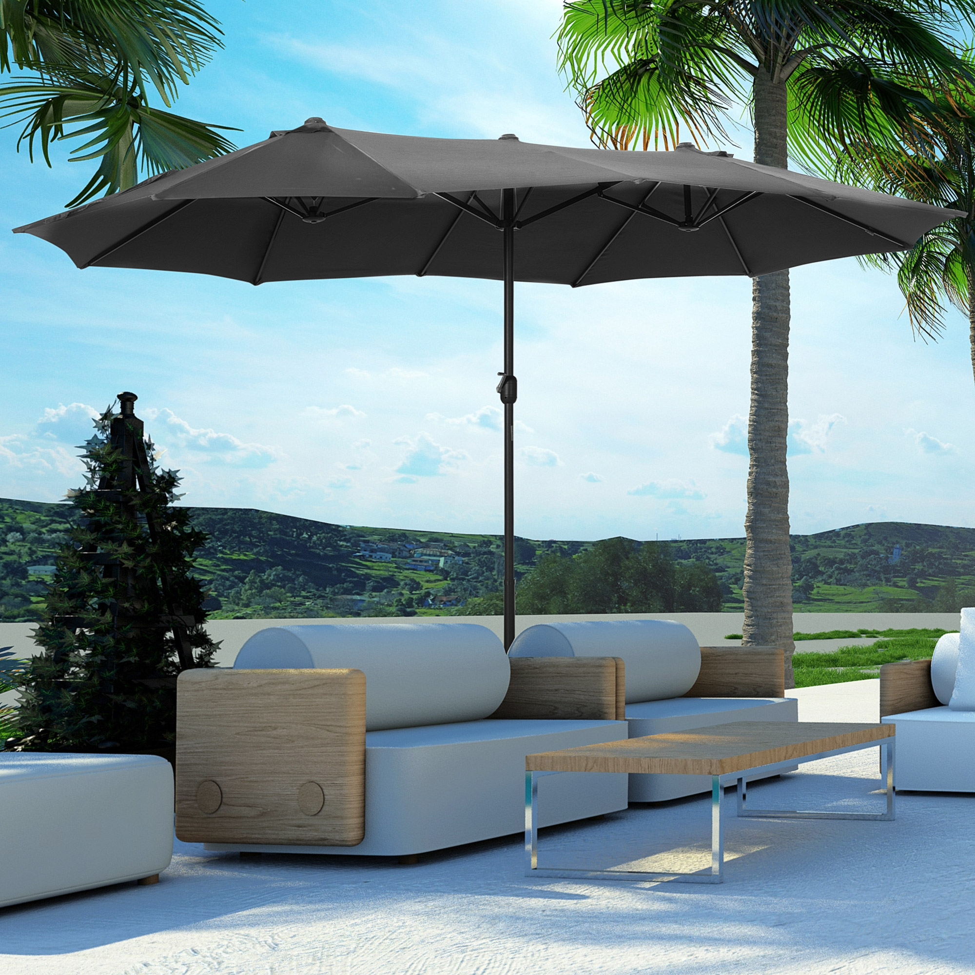 Outsunny XXL Gartenschirm mit Kreuzfuß, großer Sonnenschirm 4,6L x 2,7B x 2,4H cm, Kurbelöffnung und -schließung, Stahlmast, hochdichtes Polyester, Grau