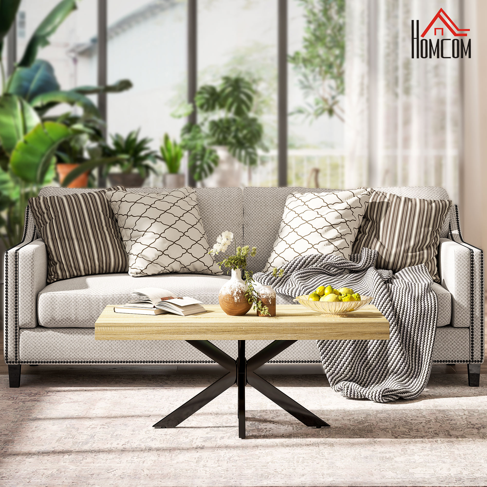 HOMCOM Rechteckiger Couchtisch Beistelltisch im Industriestil aus schwarzem Metall und Holzoptik-Tablett - Maße 110 x 60 x 45 cm