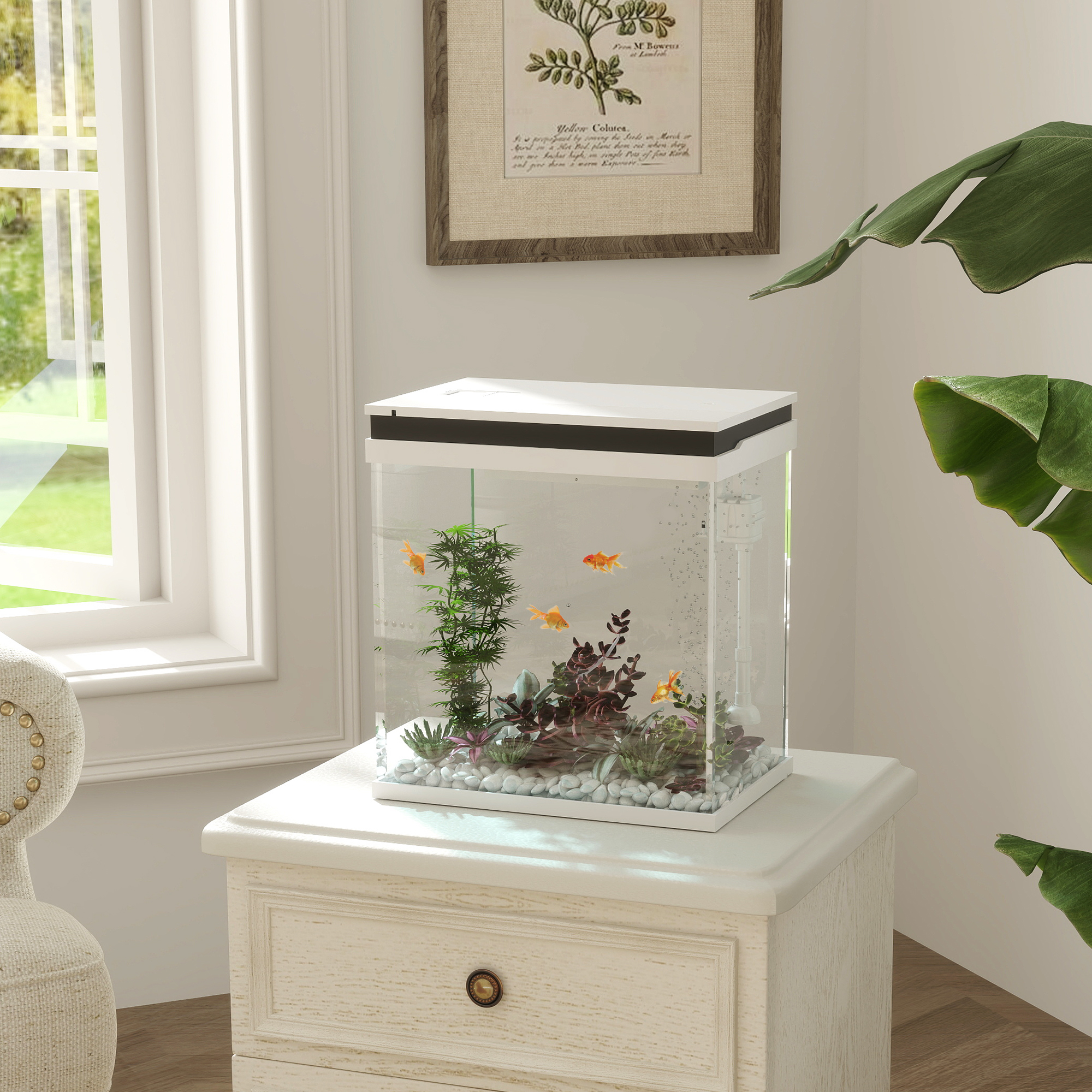 PawHut Kleines komplettes 14L-Aquarium aus Glas mit Filtersystem LED-Beleuchtung Wasserpumpe 30 x 20 x 33 cm Weiß