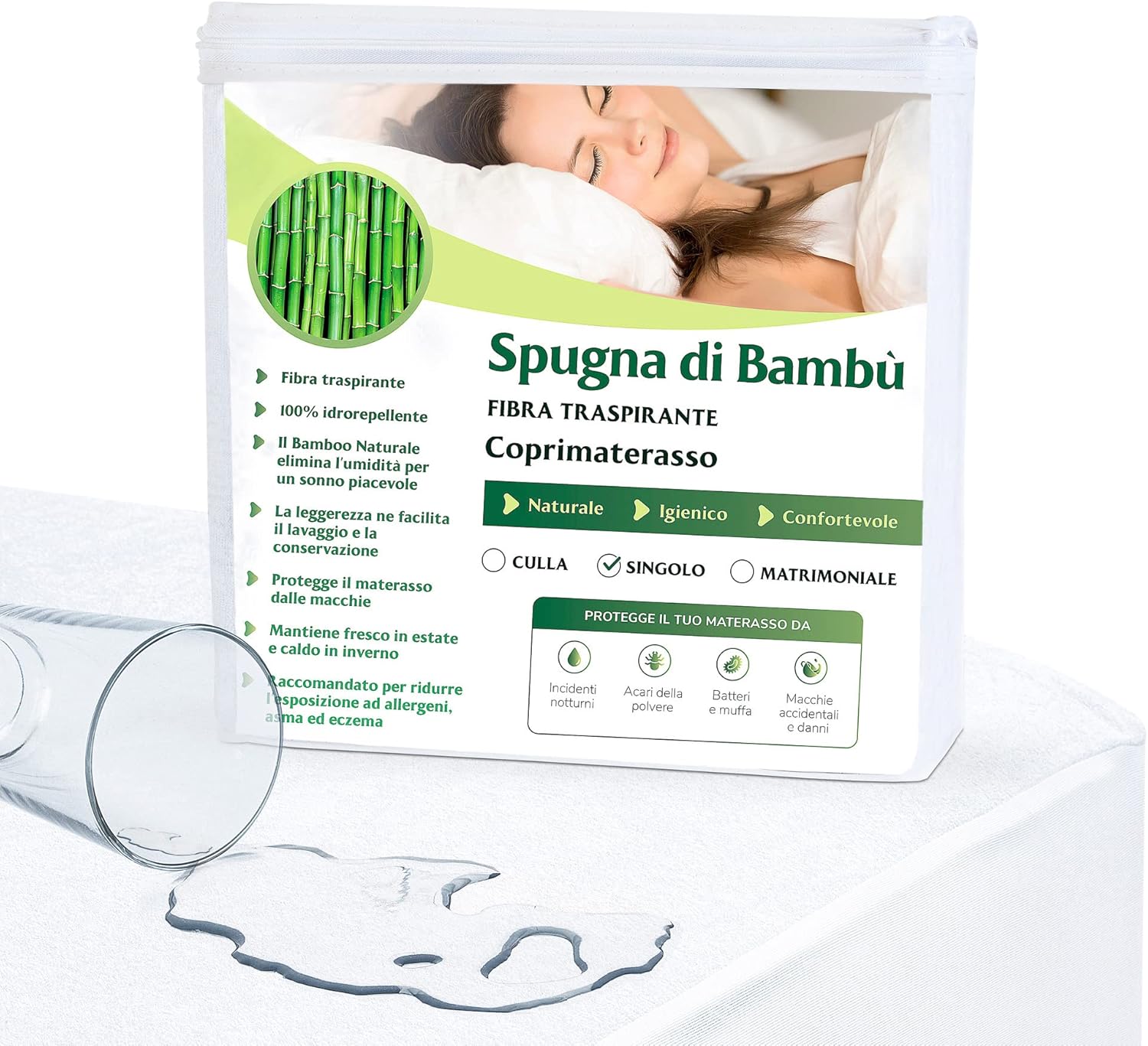 Waterproof Double Mattress Protector 160 x 190 cm – Super Soft Natural Bamboo Terry Fabric – Super Elastic Corners Up to 30 cm – Refreshing, Breathable, Silent, Anti-Dust Mite, Hypoallergenic