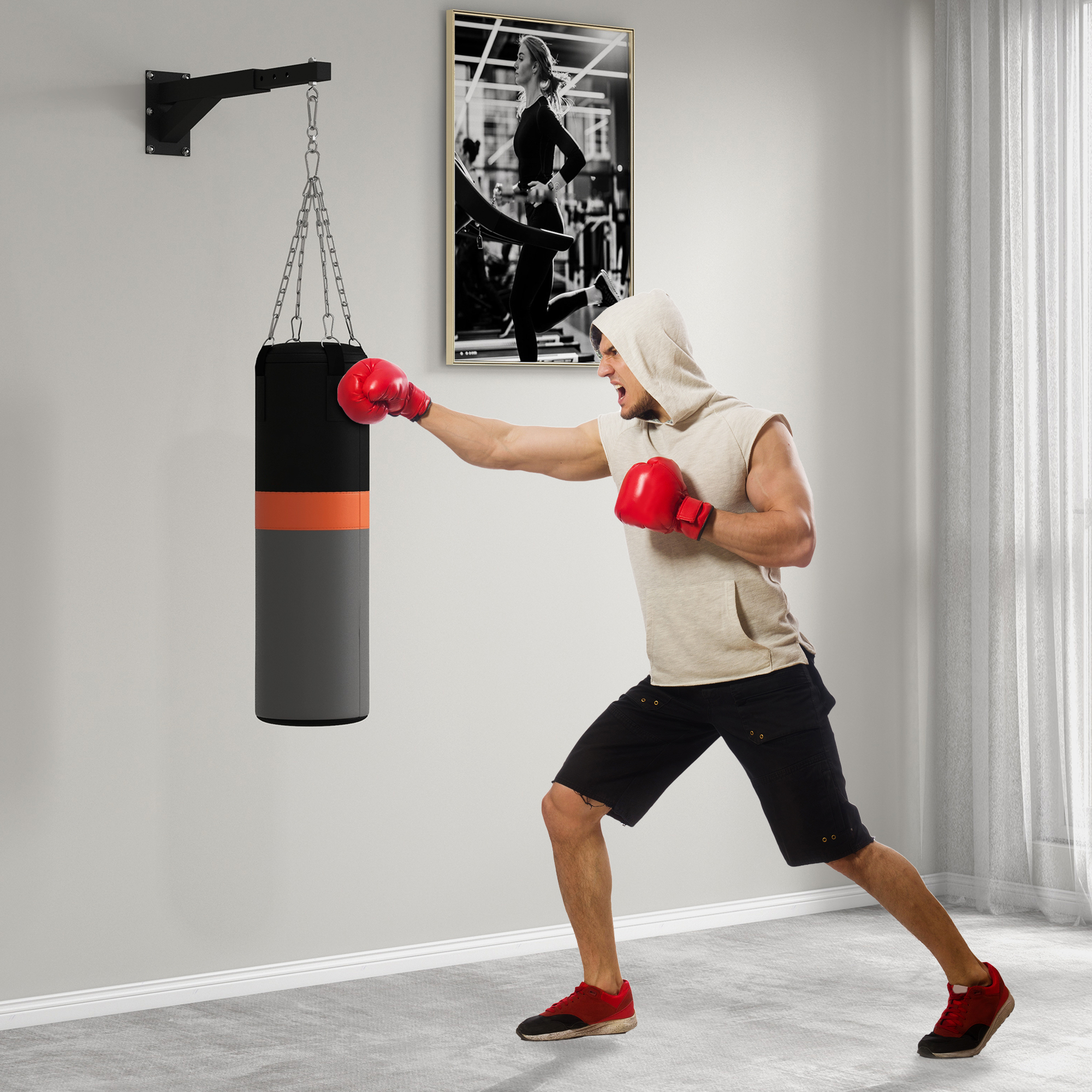 SPORTNOW Boxsackhalterung, 5-stufig längenverstellbar, Wandmontage, bis 60 kg, Stahl, Schwarz
