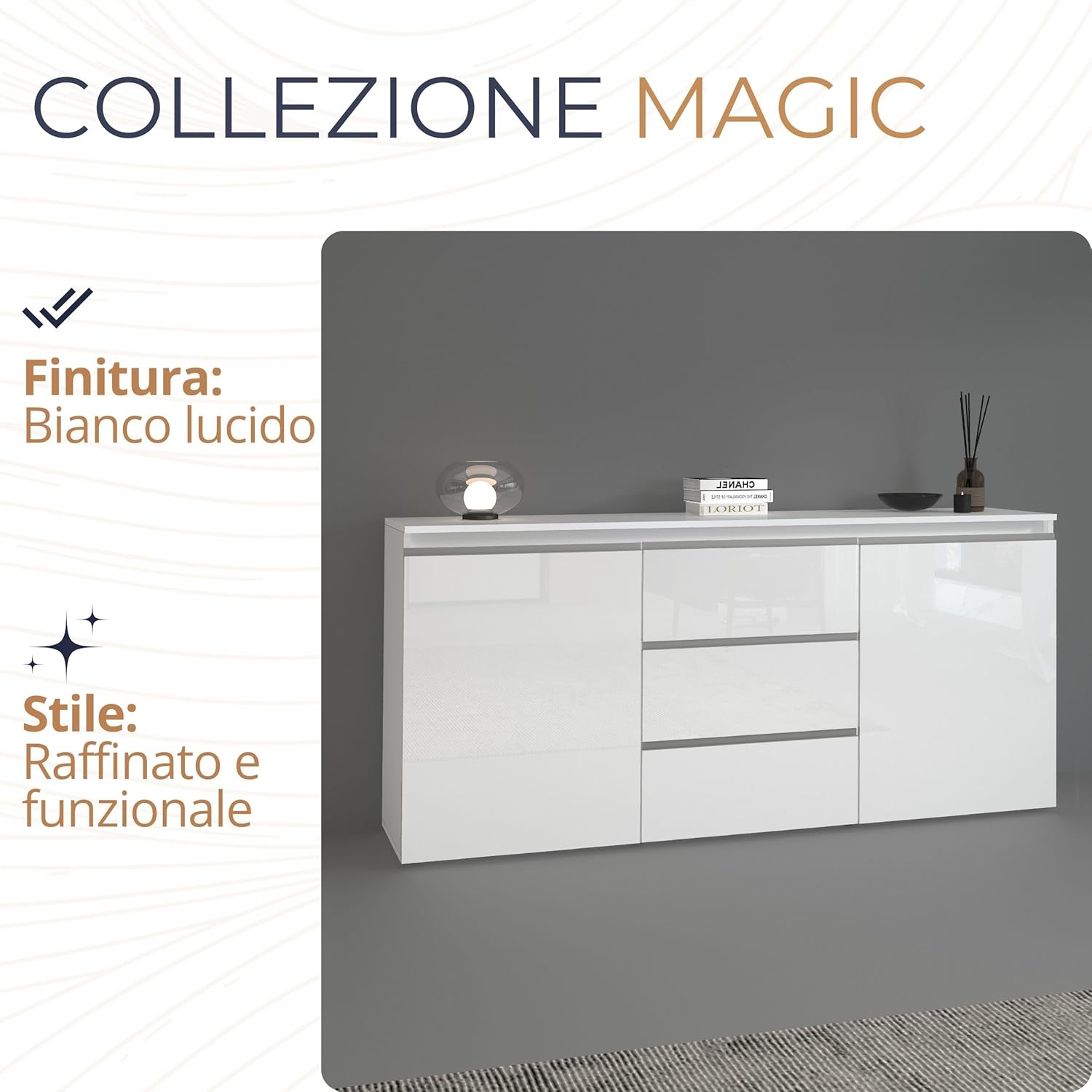 WHOUS Credenza MAGIC per Soggiorno con 2 Ante e 3 Cassetti, Madia per Salotto e Sala da Pranzo in Legno, 150x40x80 cm, Bianco Lucido