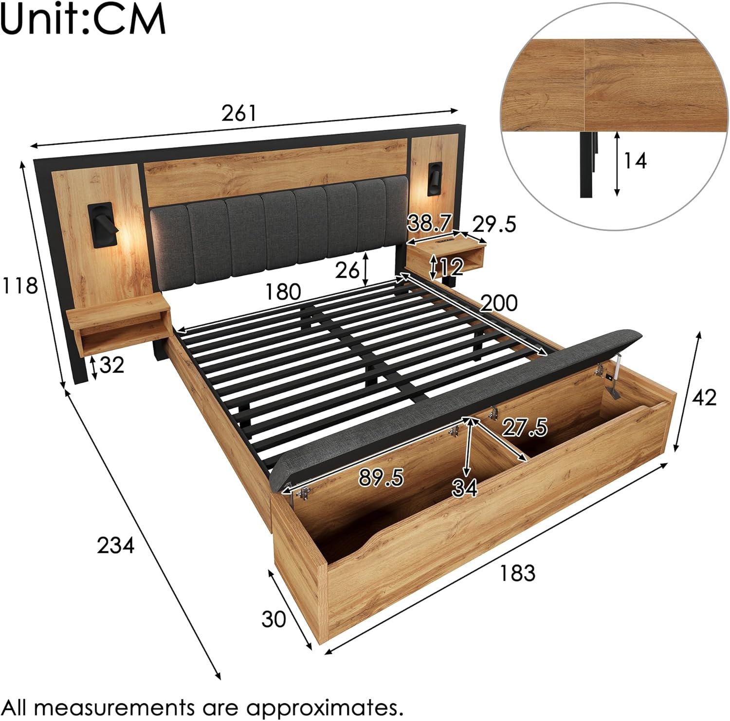 Kebnor Doppelbett Polsterbett, Bettanlage mit Leselampe und USB C Nachttisch und Sitzbank mit Stauraum, Bettgestell mit Lattenrost aus Metall, Holz und Leinen, Eiche(Ohne Matratze) (180×200cm)